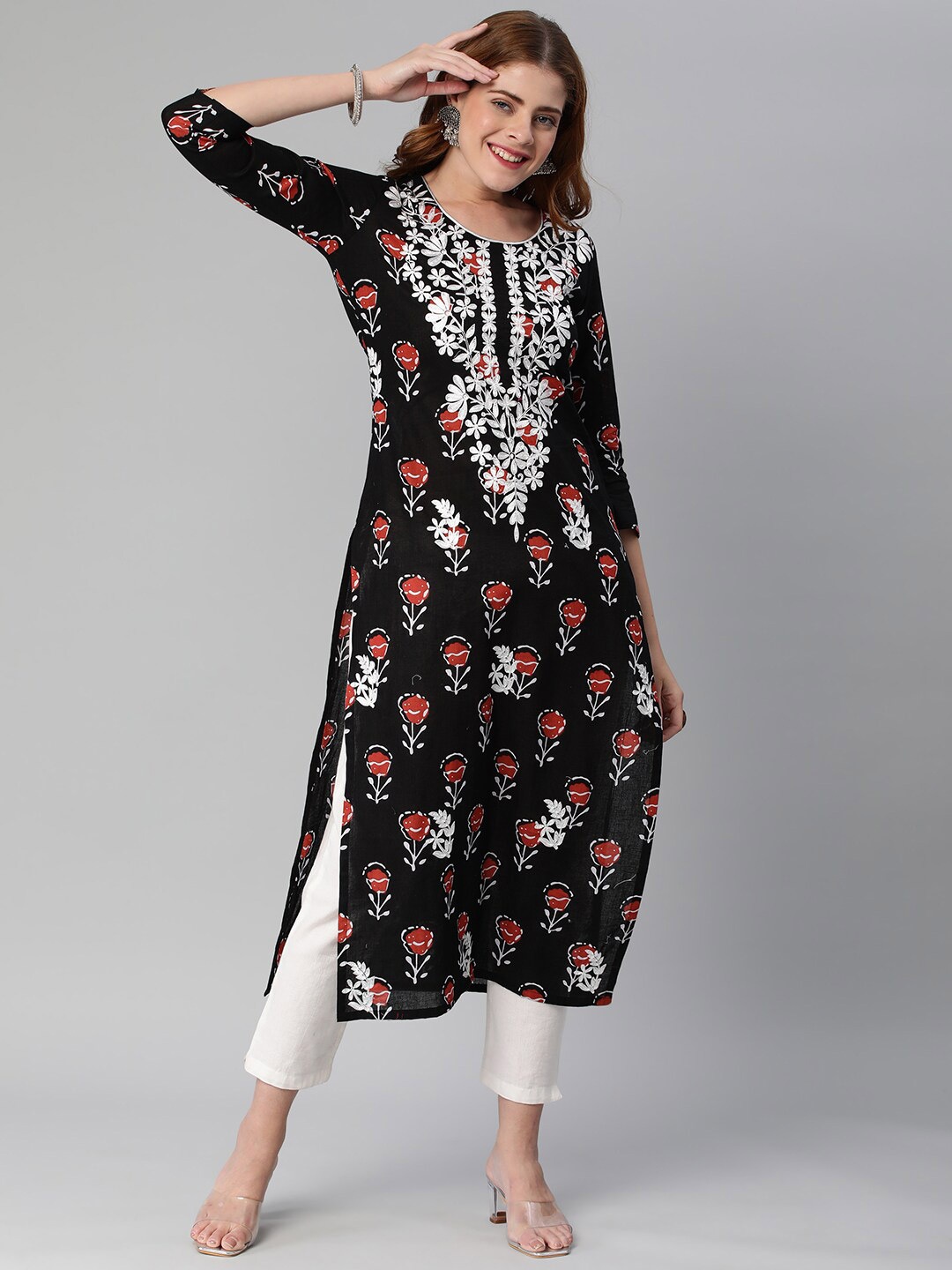 

KALINI Women Chikankari Embroidery Work Floral Printed Pure Cotton Kurta, Black