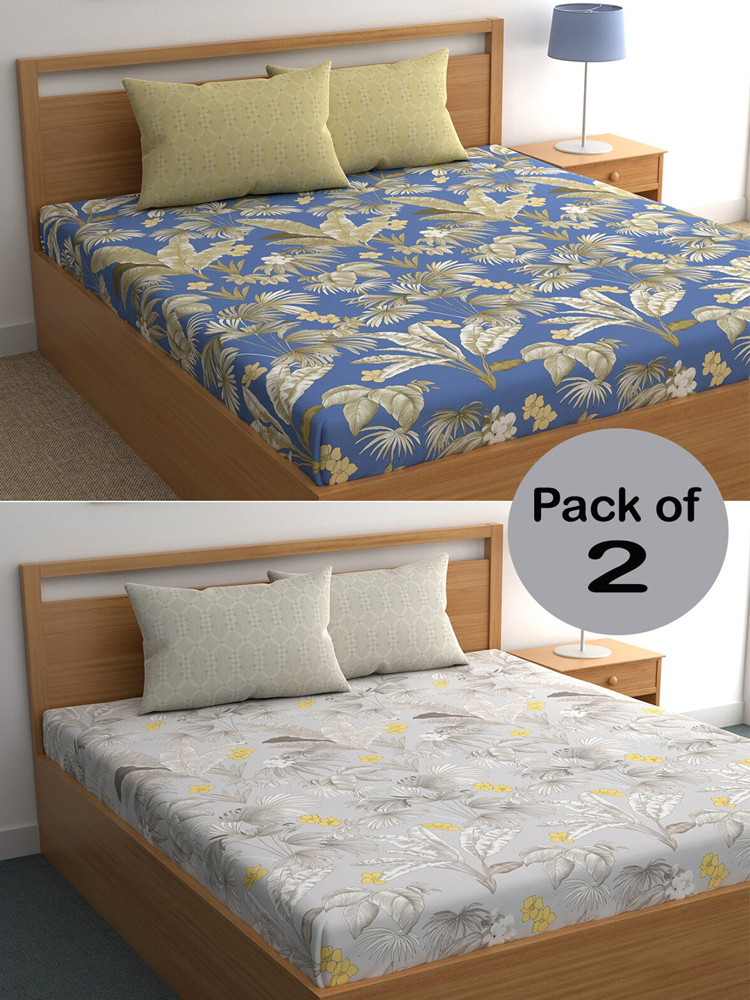 

CHHAVI INDIA Blue & Grey Floral Printed 210 TC 2 Queen Bedsheet & 4 Pillow Covers