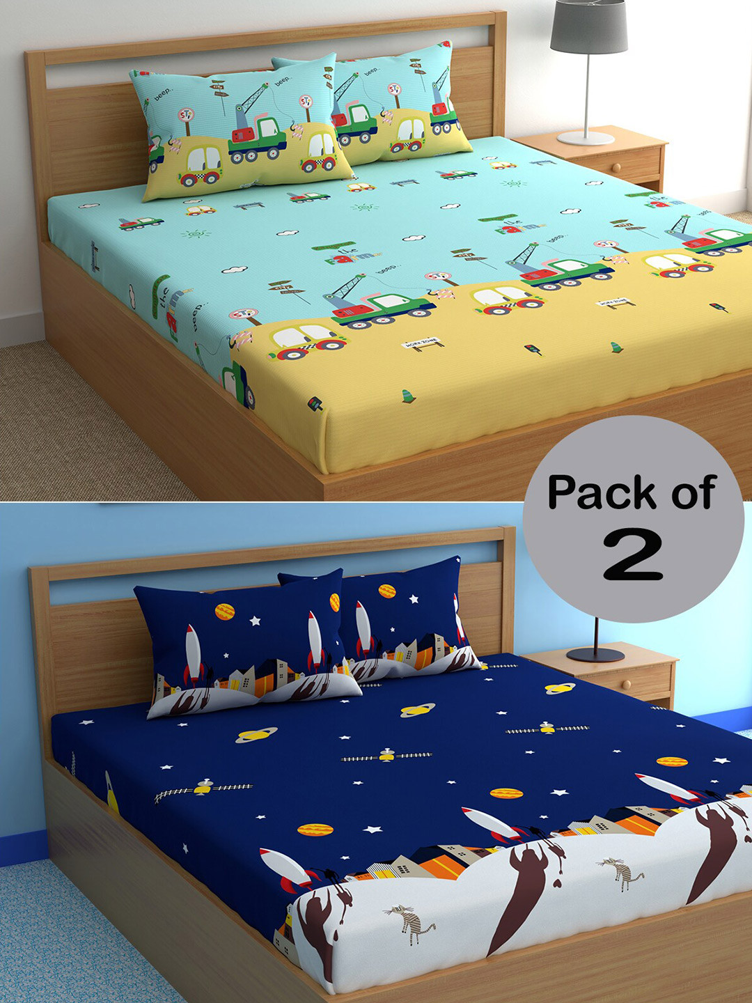 

CHHAVI INDIA Yellow & Blue Printed 210 TC 2 Queen Bedsheet & 4 Pillow Covers