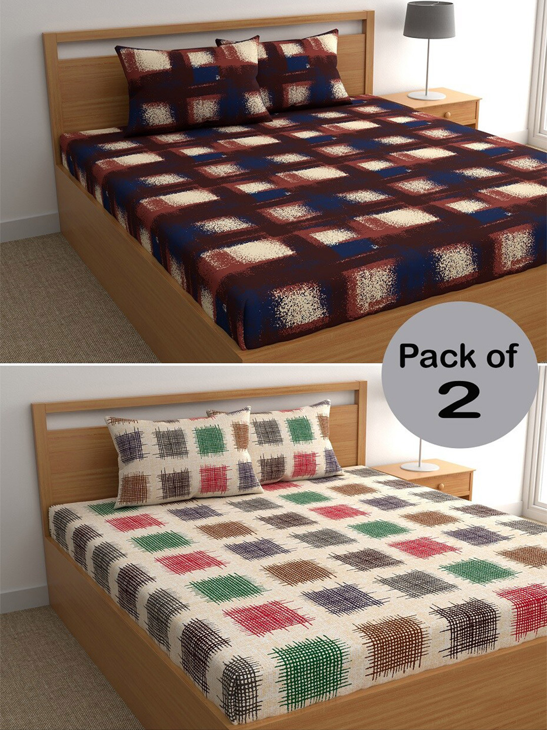 

CHHAVI INDIA Brown & Blue Geometric Printed 210 TC 2 Queen Bedsheet & 4 Pillow Covers