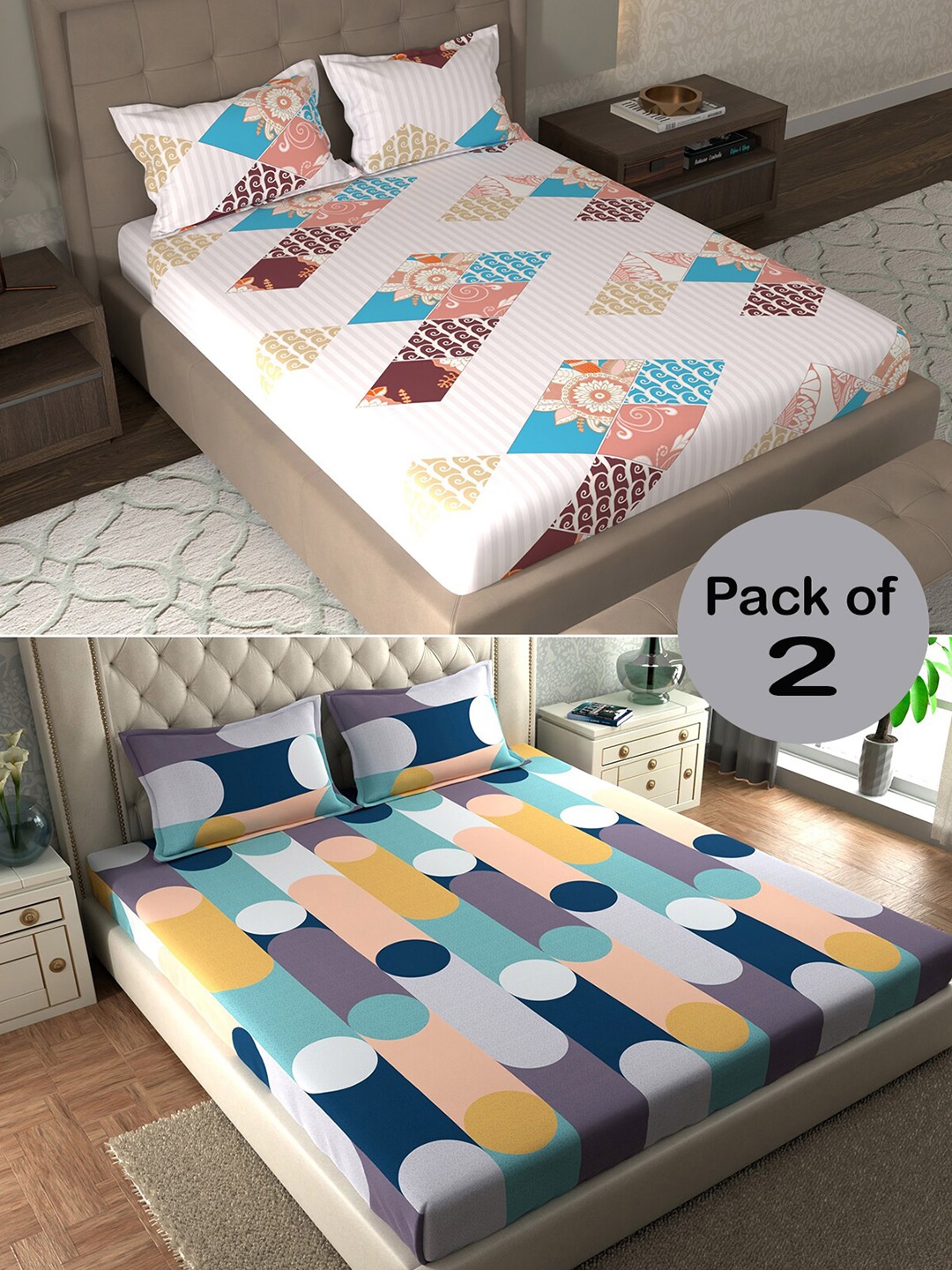 

CHHAVI INDIA Peach-Coloured & Blue Printed 210 TC 2 Queen Bedsheet & 4 Pillow Covers