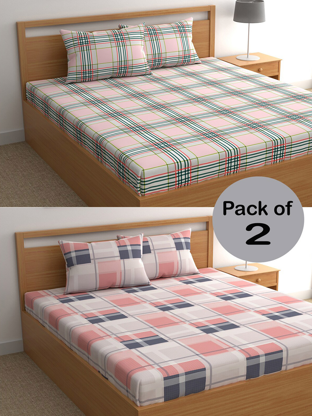 

CHHAVI INDIA Peach-Coloured & Pink Printed 210 TC 2 Queen Bedsheet & 4 Pillow Covers