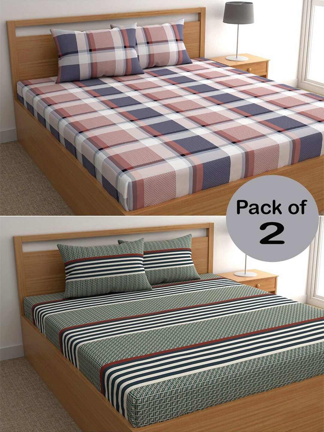 

CHHAVI INDIA Green & Navy Blue Geometric Printed 210 TC 2 Queen Bedsheet & 4 Pillow Covers