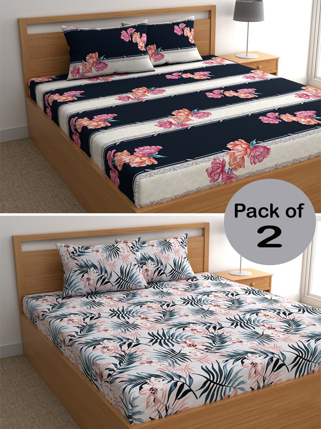 

CHHAVI INDIA Blue & White Floral Printed 210 TC 2 Queen Bedsheet & 4 Pillow Covers