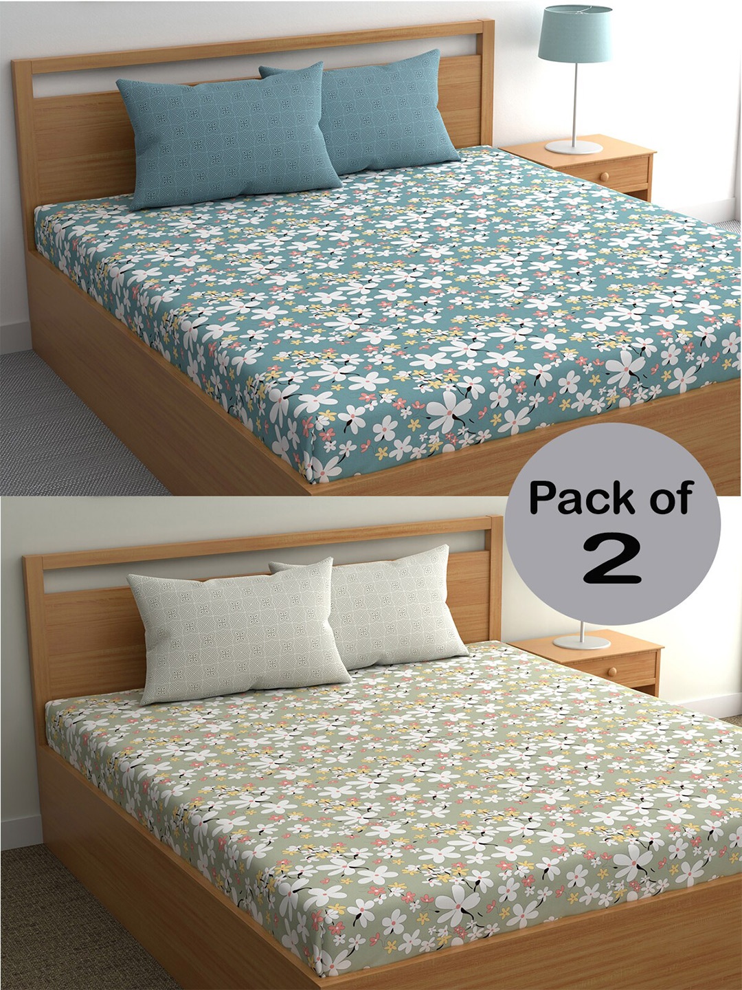 

CHHAVI INDIA Grey & Green Floral Printed 210 TC 2 Queen Bedsheet & 4 Pillow Covers