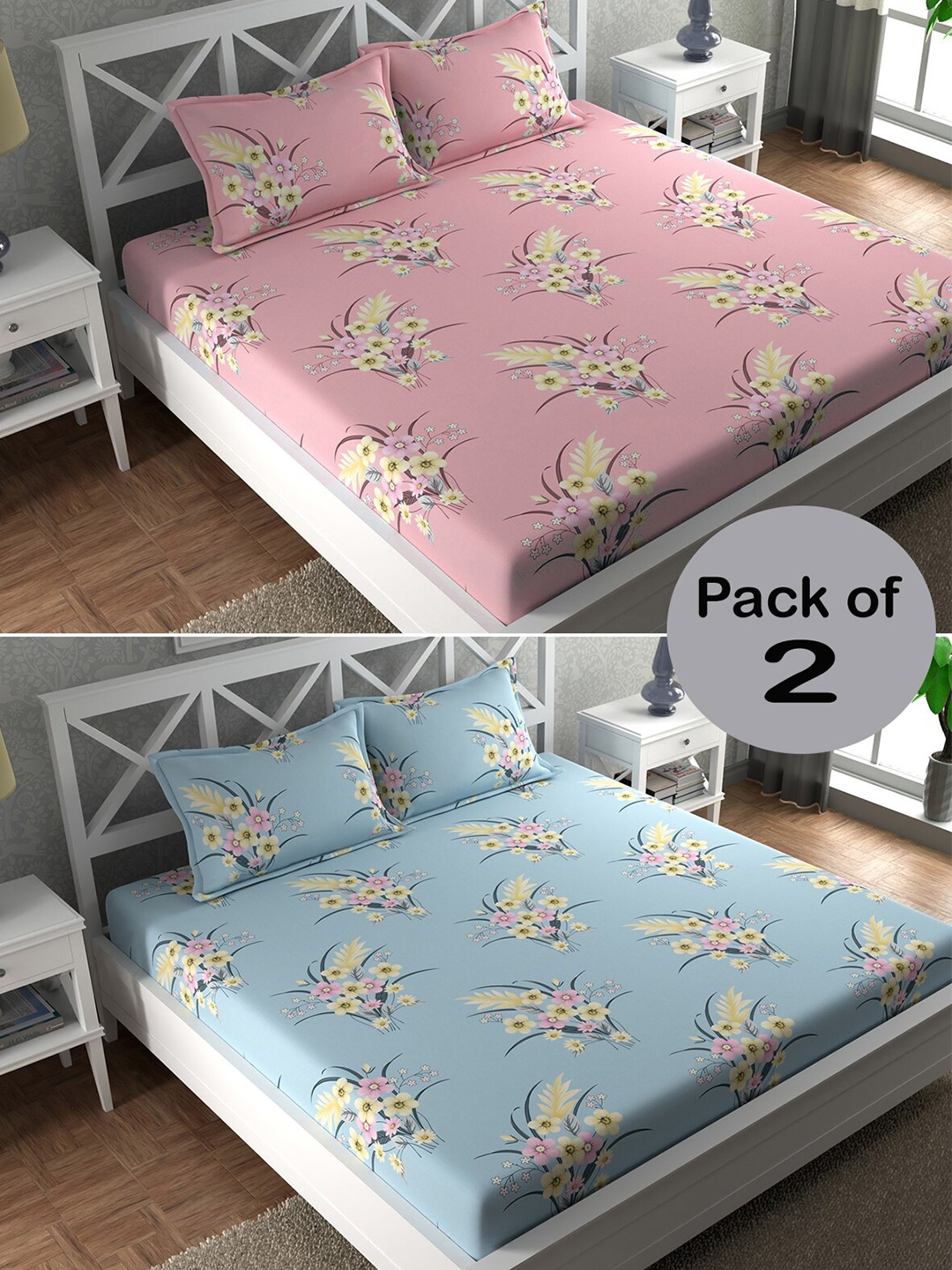 

CHHAVI INDIA Blue & Pink Floral Printed 210 TC 2 Queen Bedsheet & 4 Pillow Covers