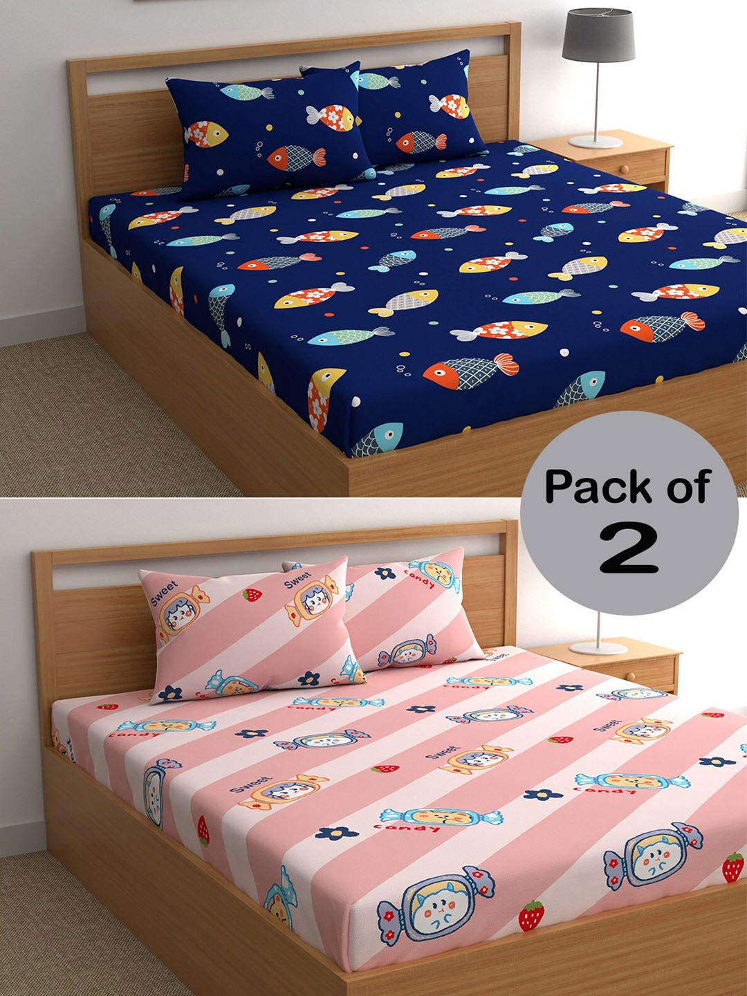

CHHAVI INDIA Pink & Blue Printed 210 TC 2 Queen Bedsheet & 4 Pillow Covers