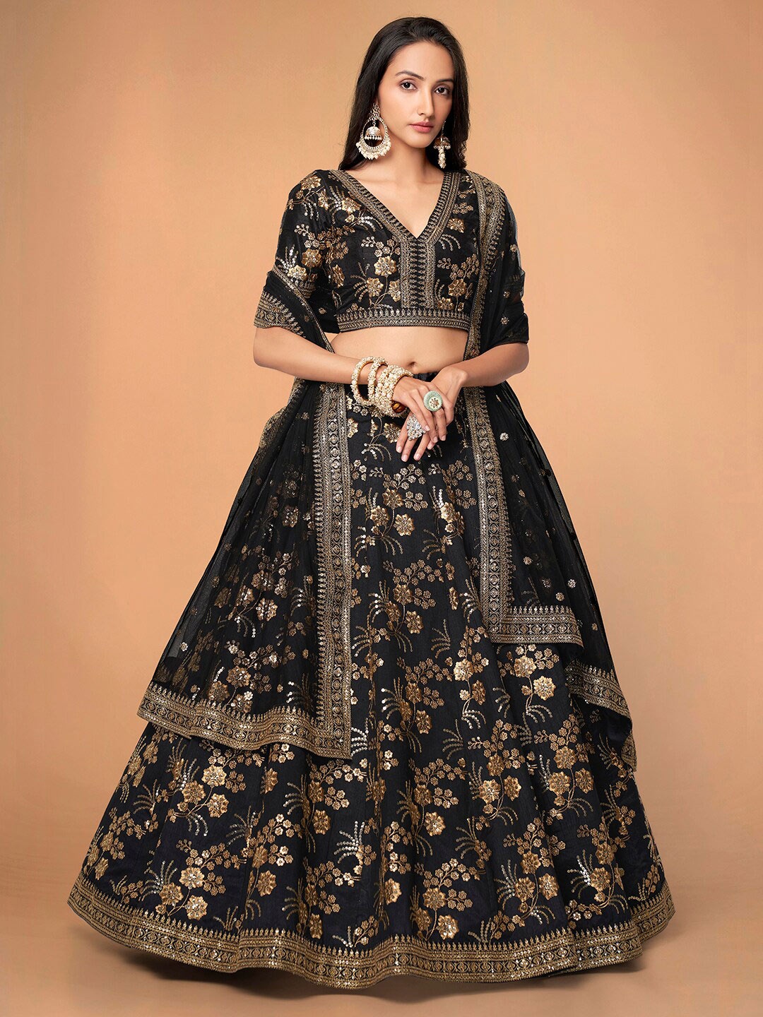 

FABPIXEL Embroidered Semi-Stitched Lehenga & Unstitched Blouse With Dupatta, Black