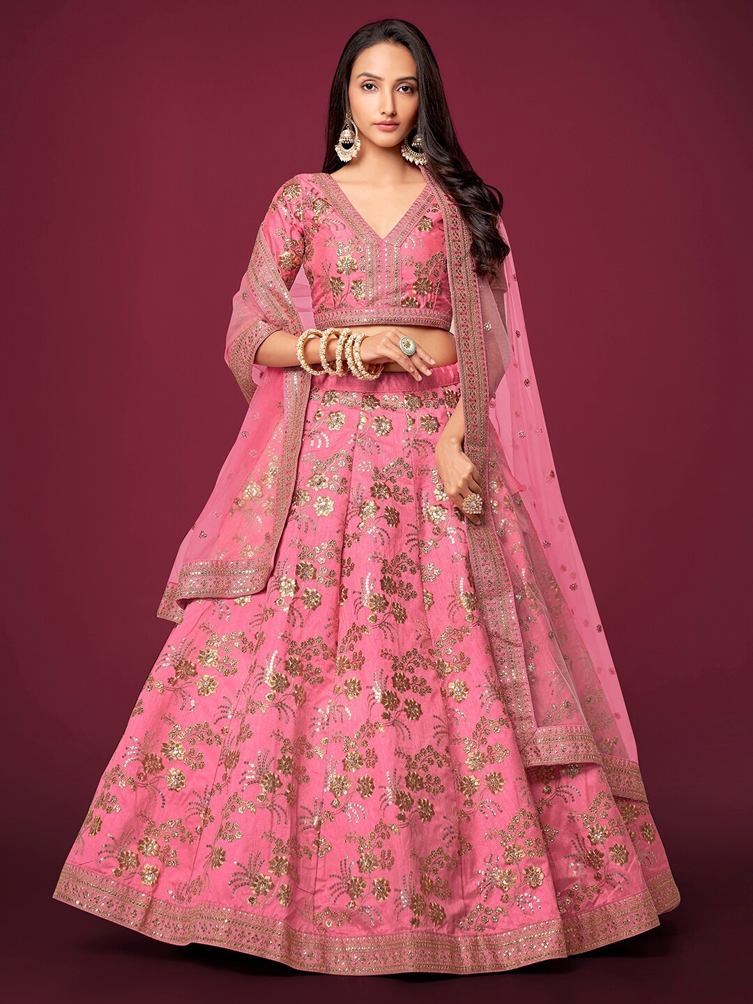 

FABPIXEL Embroidered Zari Semi-Stitched Lehenga & Unstitched Blouse With Dupatta, Pink