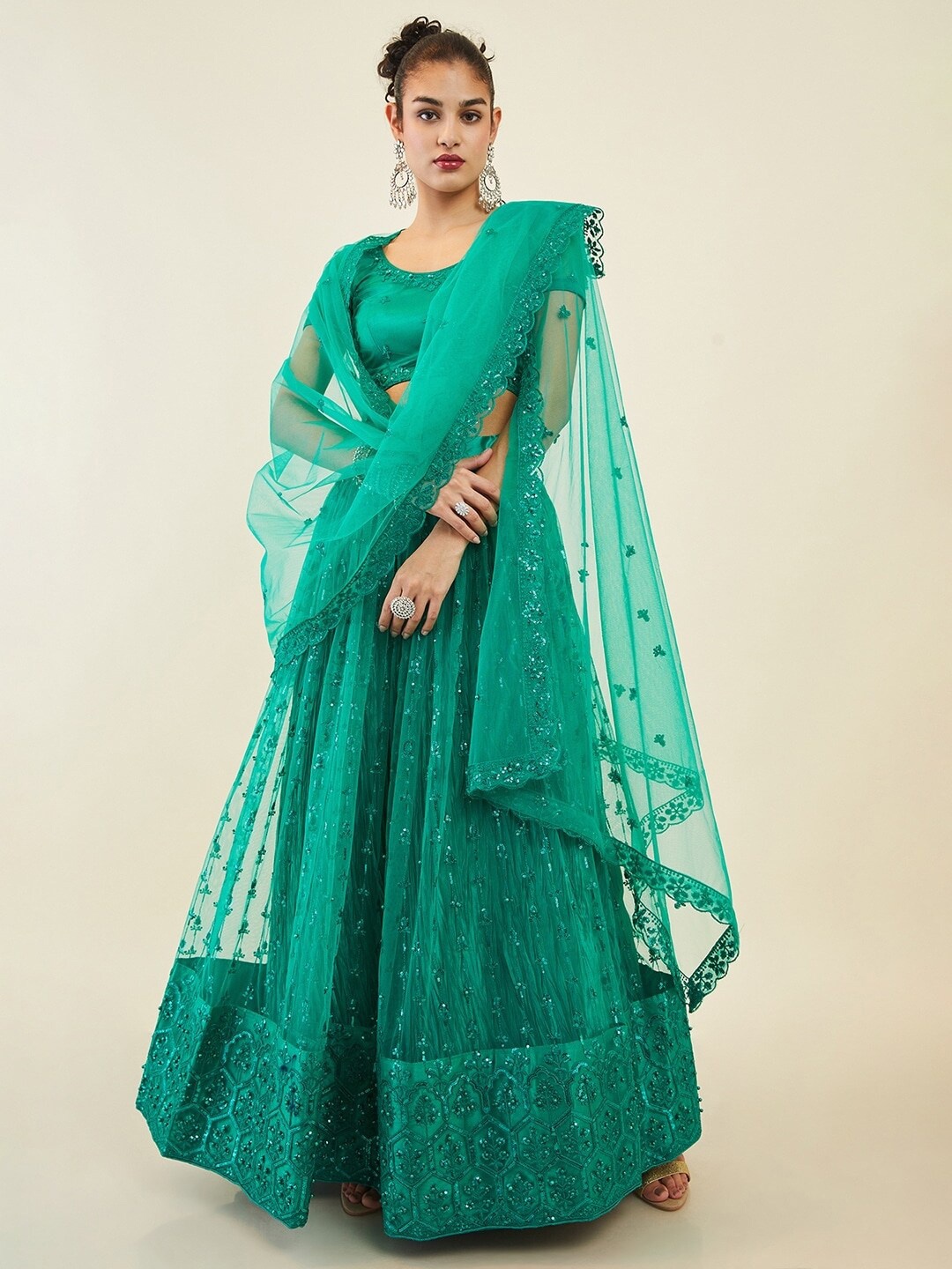 

FABPIXEL Embellished Sequinned Semi-Stitched Lehenga & Unstitched Blouse With Dupatta, Teal