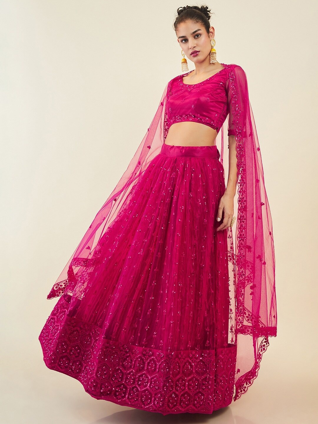 

FABPIXEL Embroidered Sequinned Semi-Stitched Lehenga & Unstitched Blouse With Dupatta, Pink