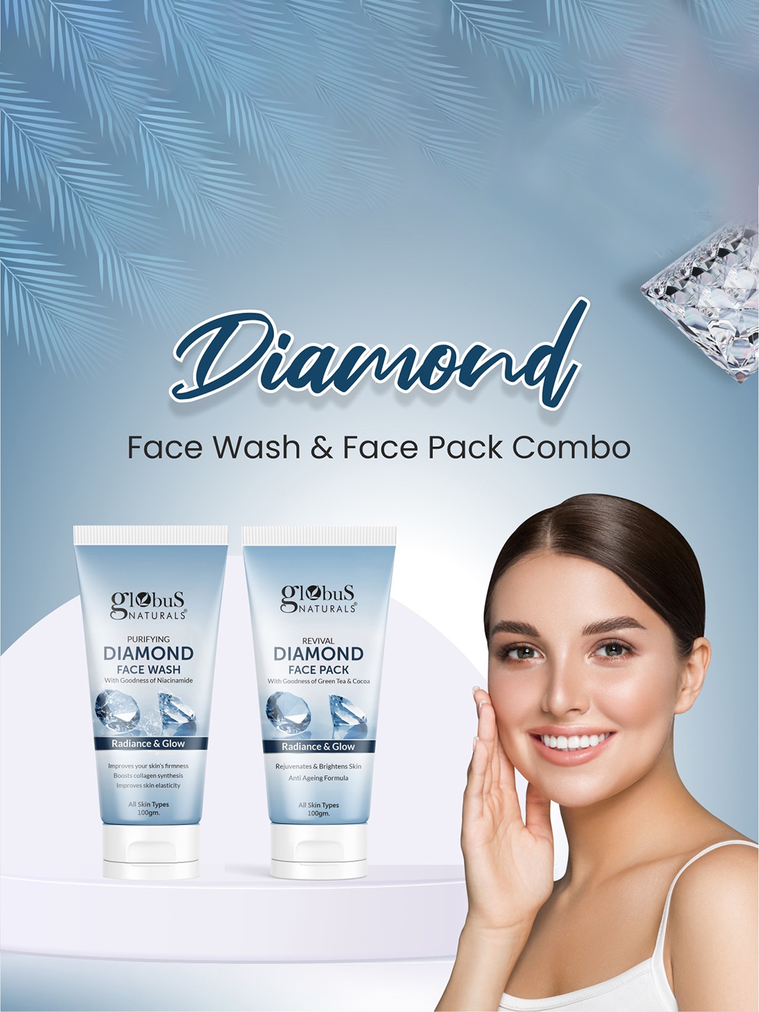 

Globus naturals Shine Boosting Diamond Face Care Combo- Face Wash & Face Pack, Blue