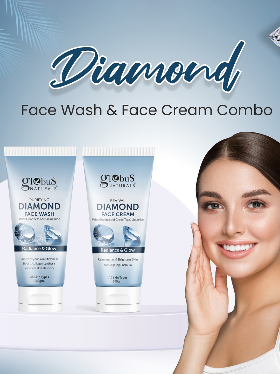 

Globus naturals Shine Boosting Diamond Face Wash & Face Cream Gift Set, Blue