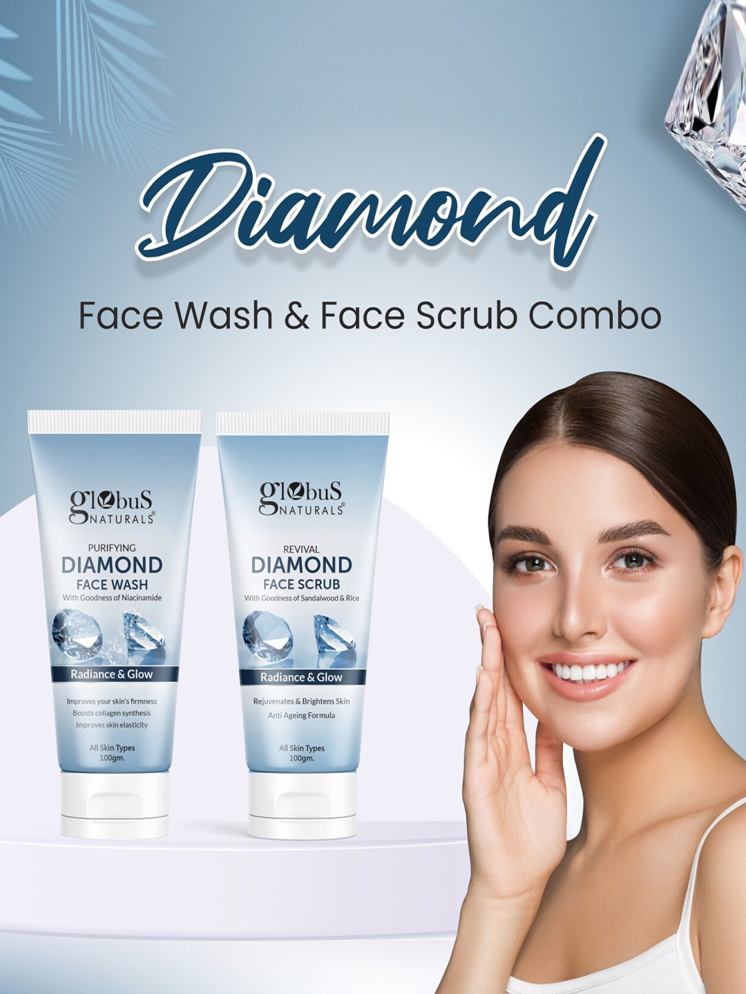 

Globus naturals Shine Boosting Diamond Face Care Combo 100g Each - Face Wash & Face Scrub, Blue