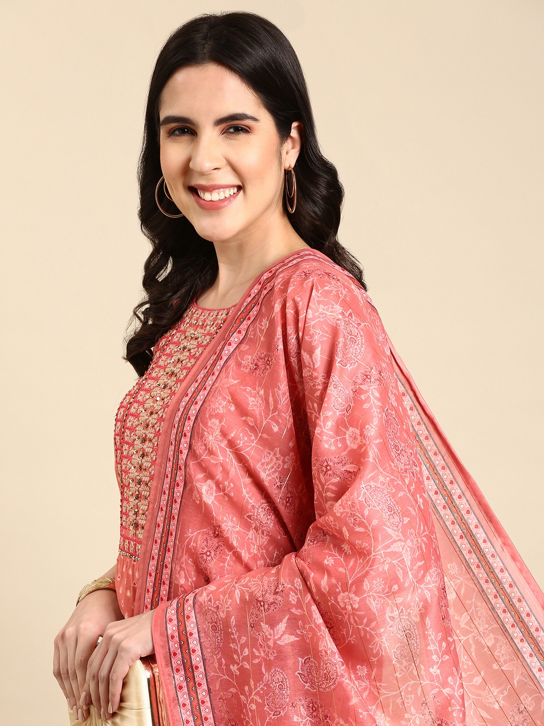 

SHOWOFF Floral Yoke Design Beads & Stones Kurta with Trousers & Dupatta, Peach
