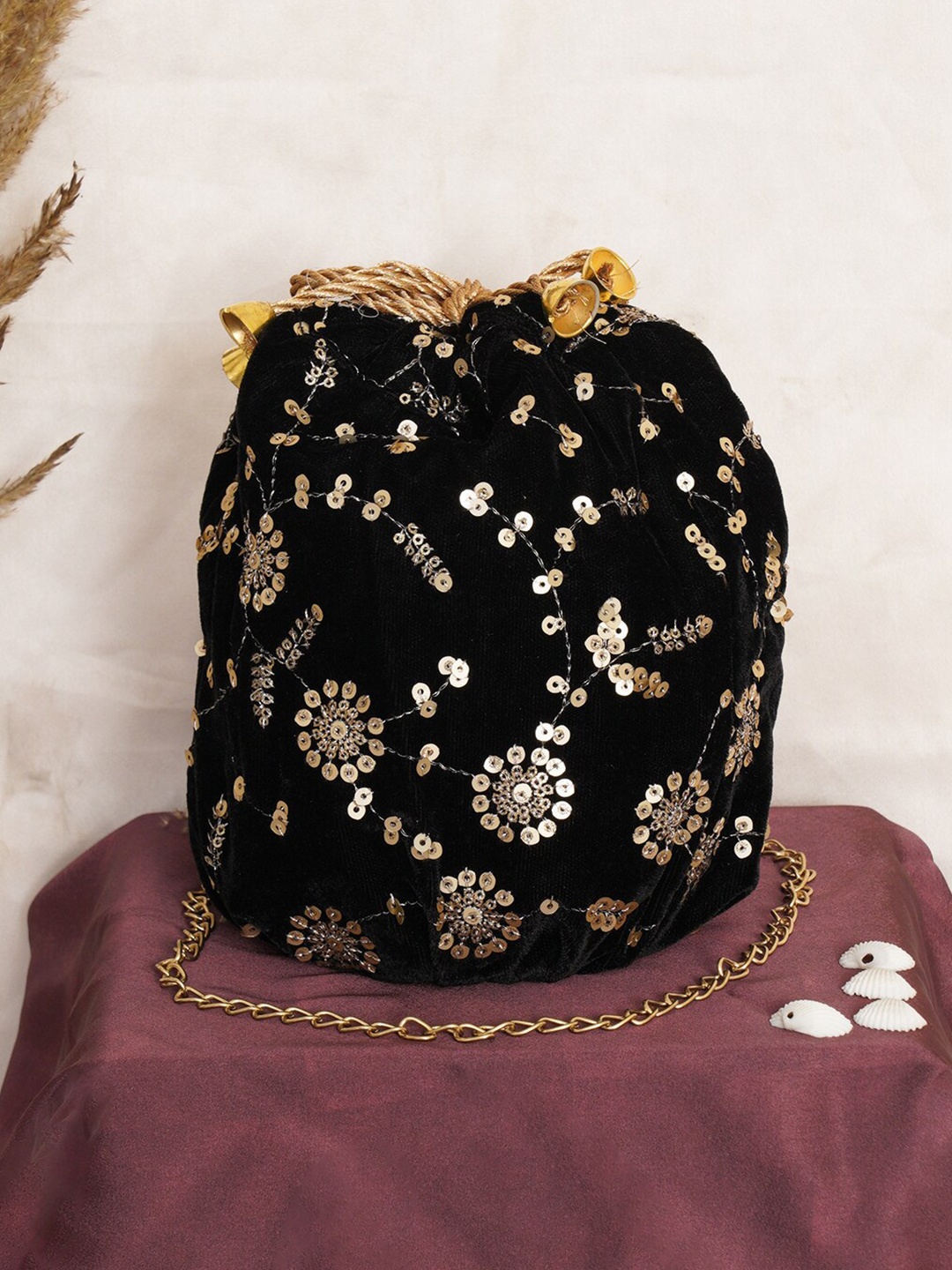 

FABBHUE Embellished Potli Clutch with Drawstring, Black