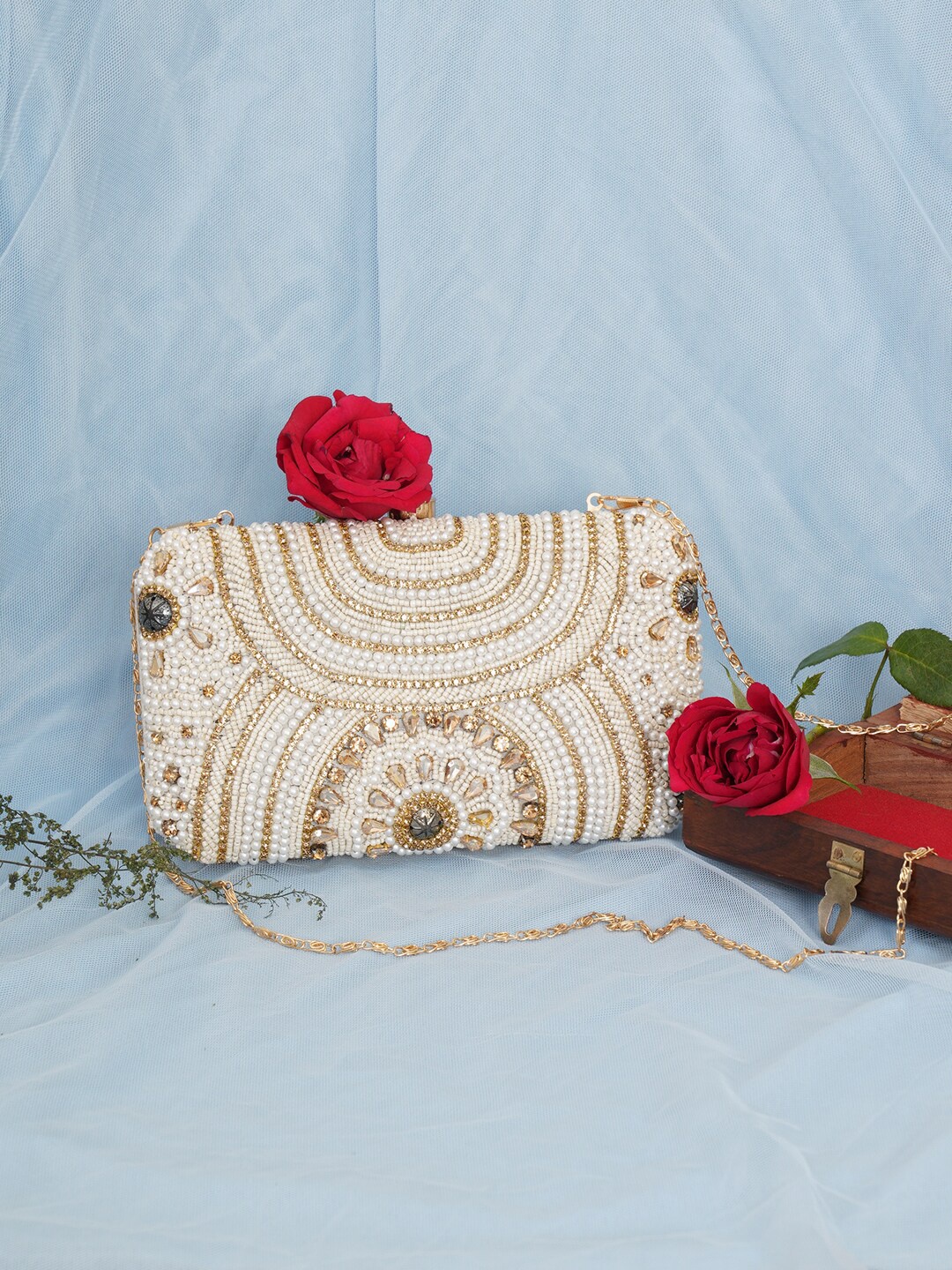 

FABBHUE Embroidered Beaded Embellished Box Clutch, White