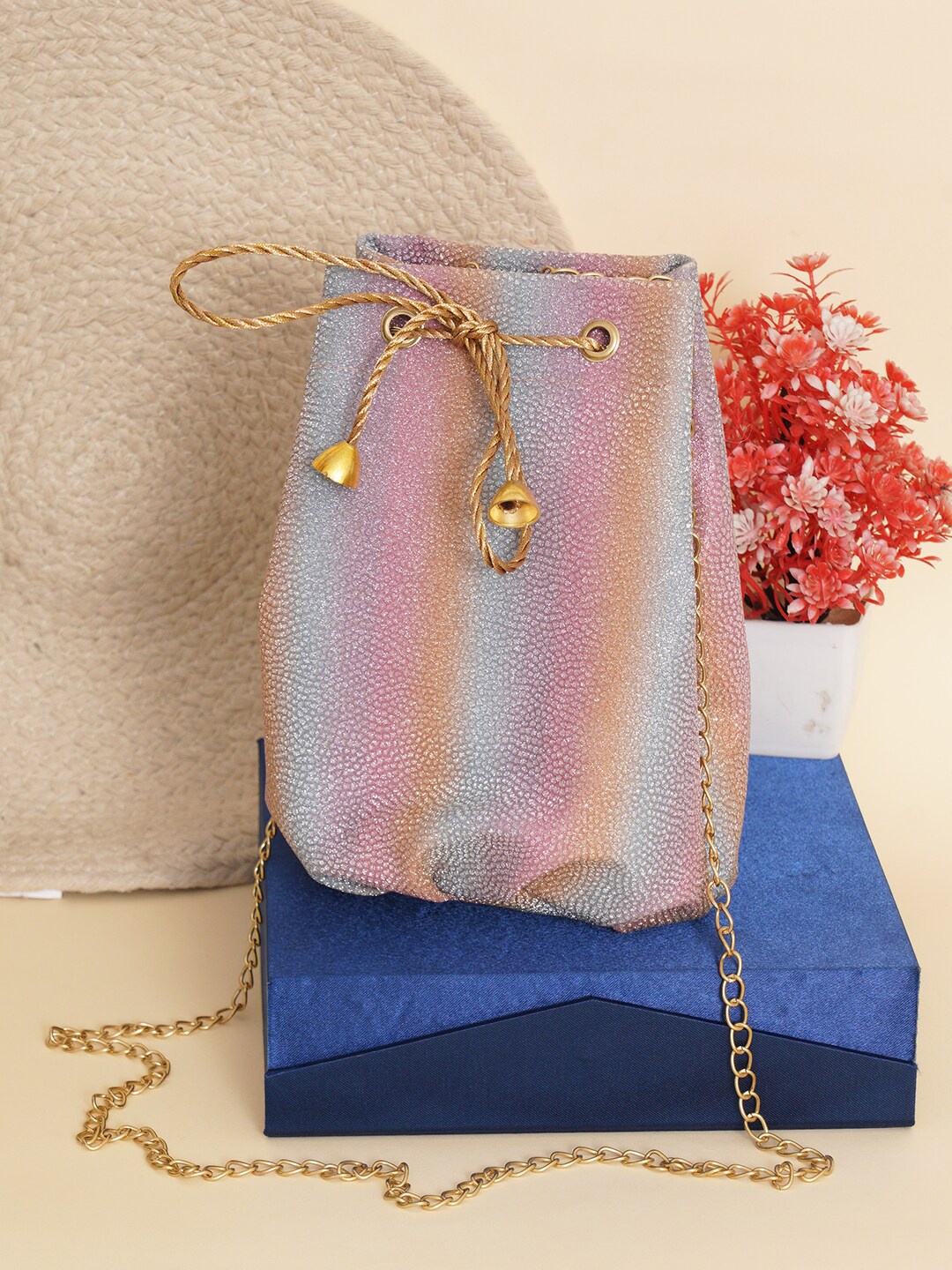 

FABBHUE Textured Potli Bag with drawstring, Pink