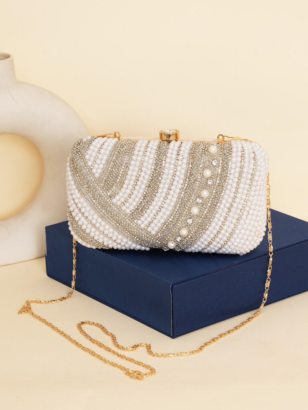 

FABBHUE Embroidered Beaded Embellished Velvet Box Clutch, White