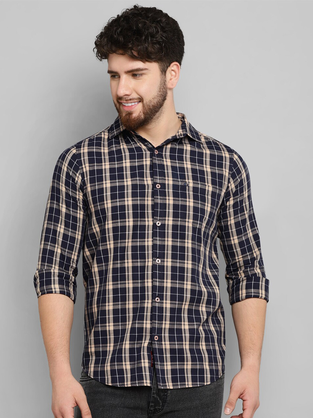 

Allen Cooper Slim Fit Tartan Checked Cotton Casual Shirt, Navy blue