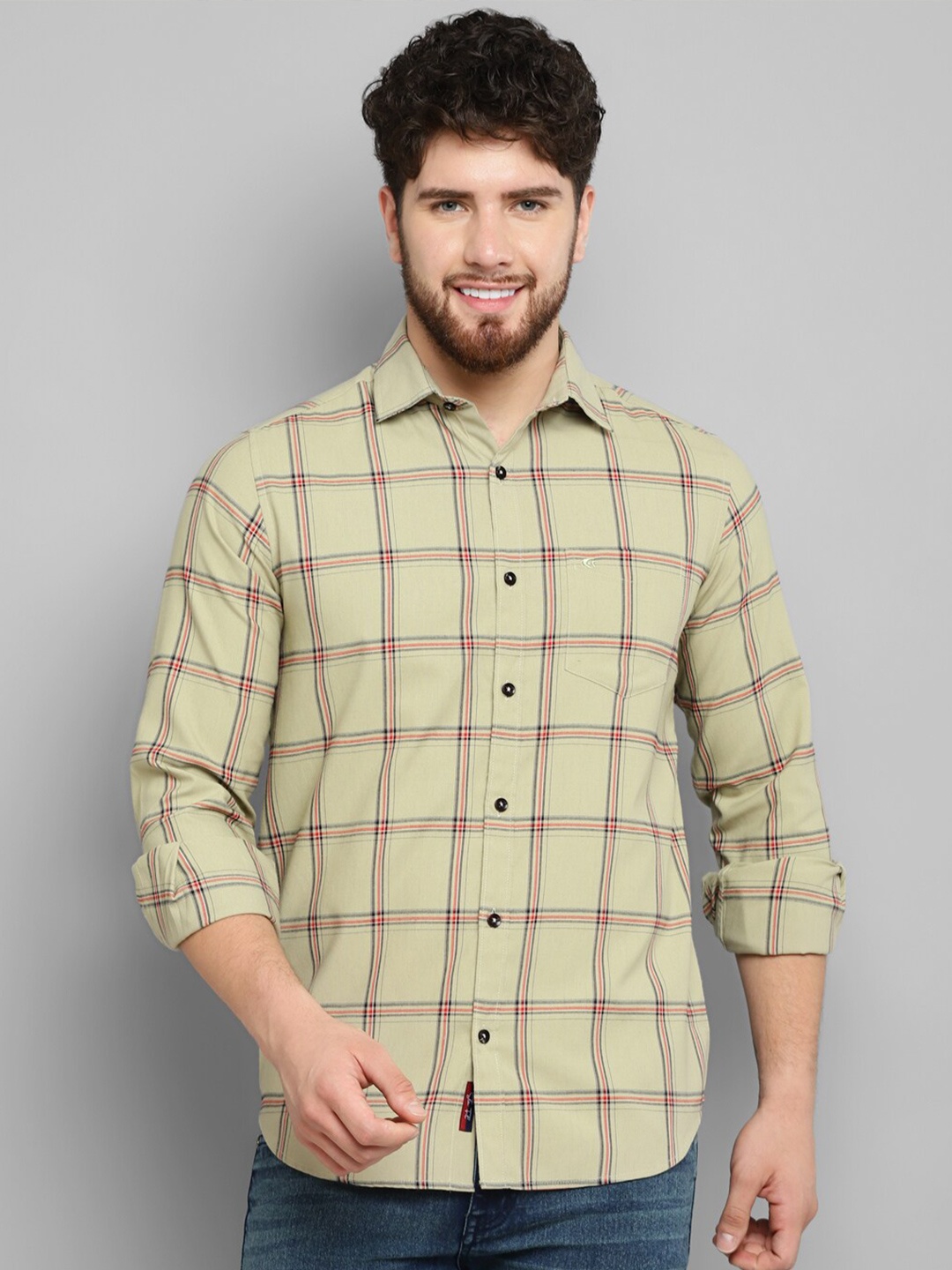 

Allen Cooper Slim Fit Windowpane Checked Opaque Casual Pure Cotton Shirt, Olive