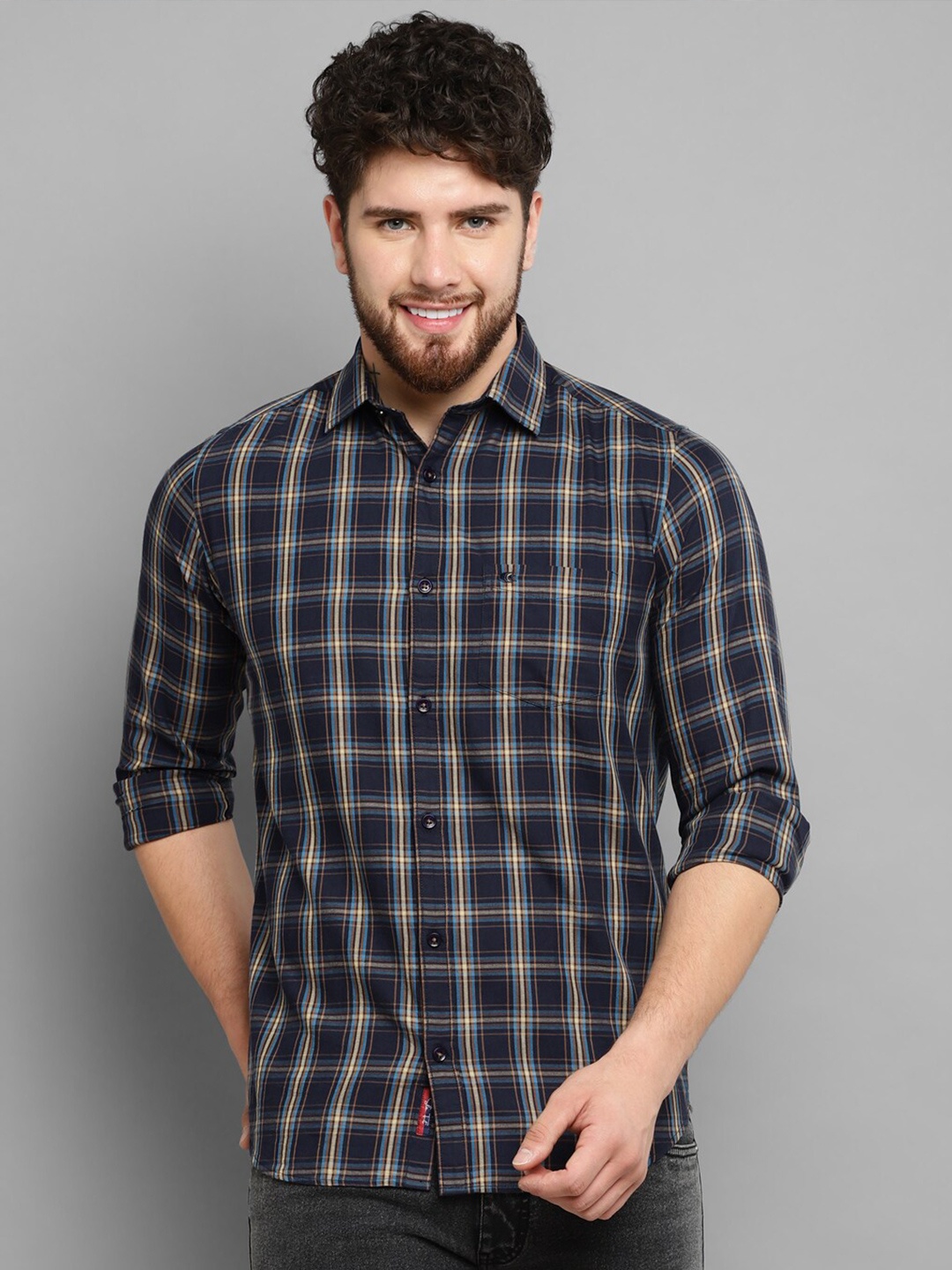 

Allen Cooper Slim Fit Tartan Checked Cotton Casual Shirt, Navy blue
