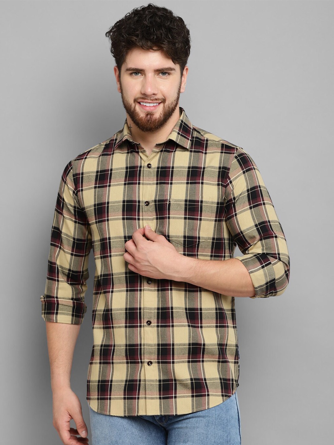 

Allen Cooper Slim Fit Tartan Checked Cotton Casual Shirt, Beige