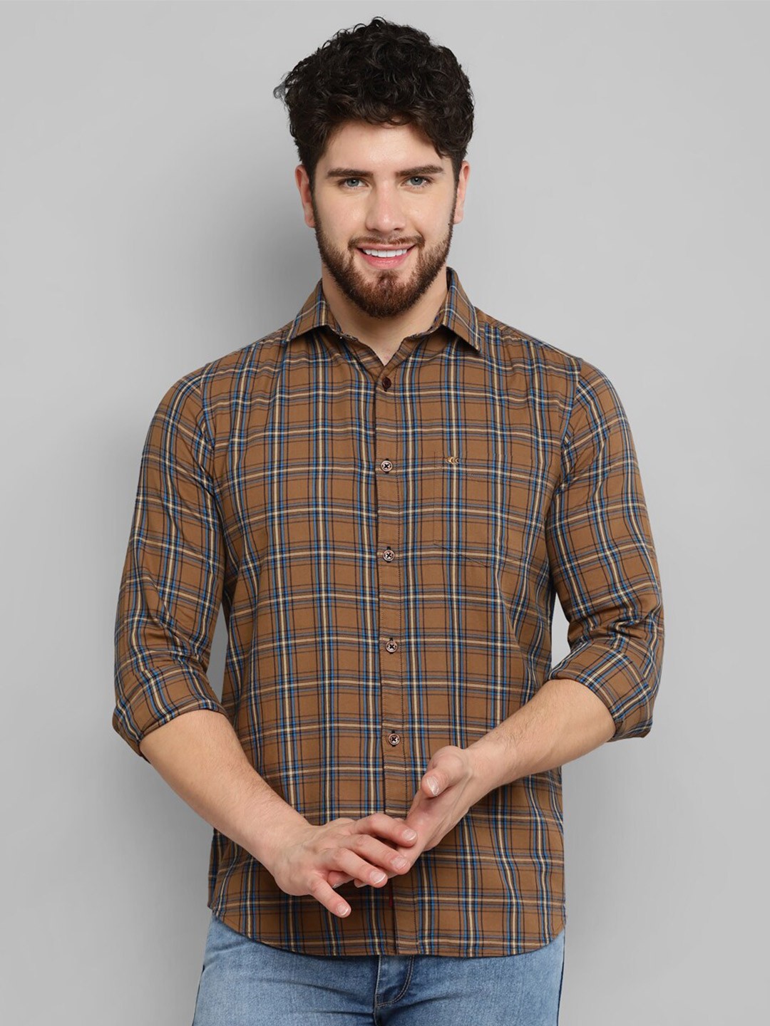

Allen Cooper Slim Fit Tartan Checked Cotton Casual Shirt, Brown