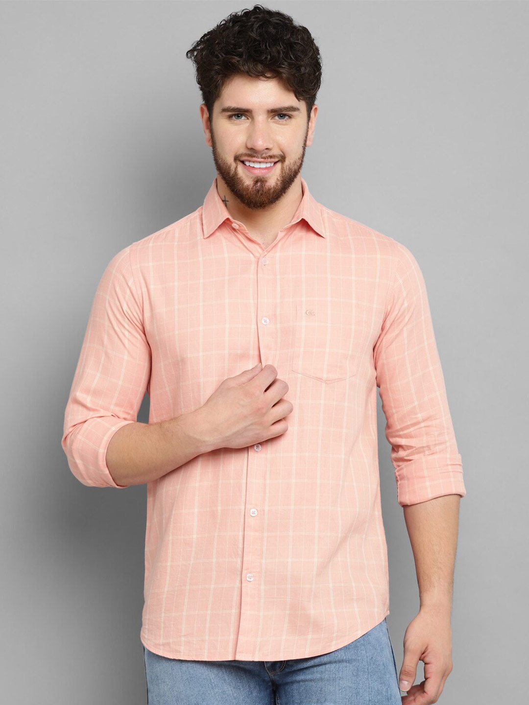 

Allen Cooper Slim Fit Windowpane Checked Pure Cotton Casual Shirt, Peach