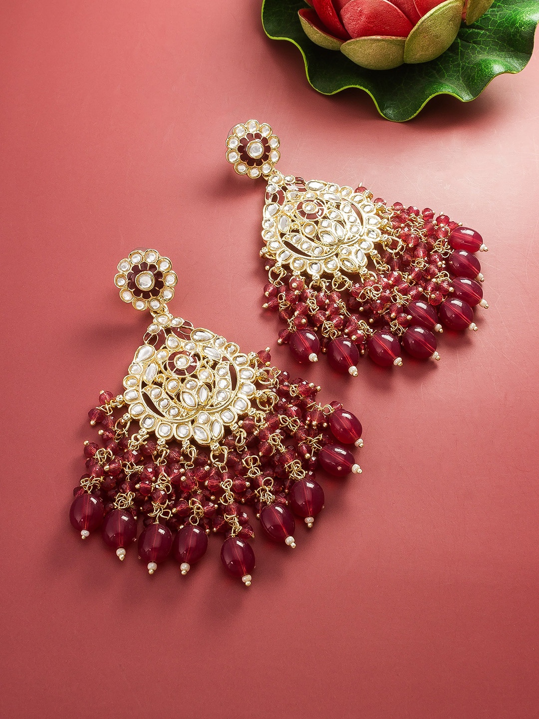 

aadita Gold-Plated Kundan and Pearl Classic Chandbalis Earrings