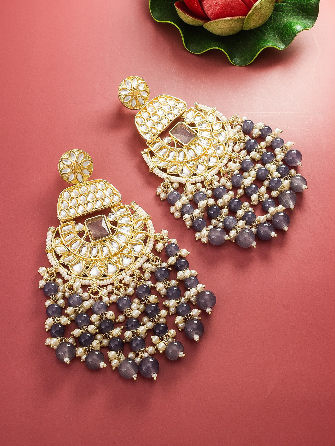 

aadita Gold-Plated Kundan and Pearl Classic Chandbalis Earrings