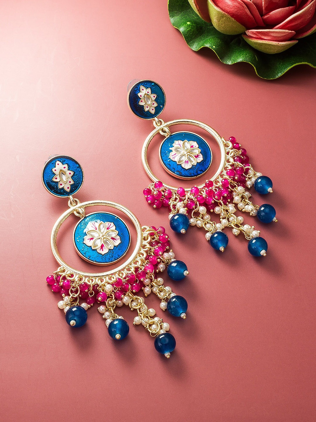 

aadita Gold-Plated Kundan and Pearl Classic Chandbali Earrings
