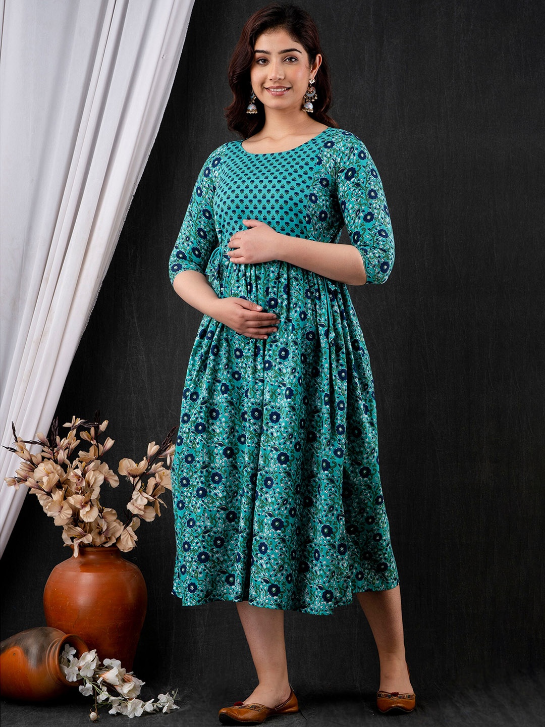 

Mialo fashion Women Blue Floral Printed Flared Sleeves Mirror Work Floral Maternity Anarkali Kurta