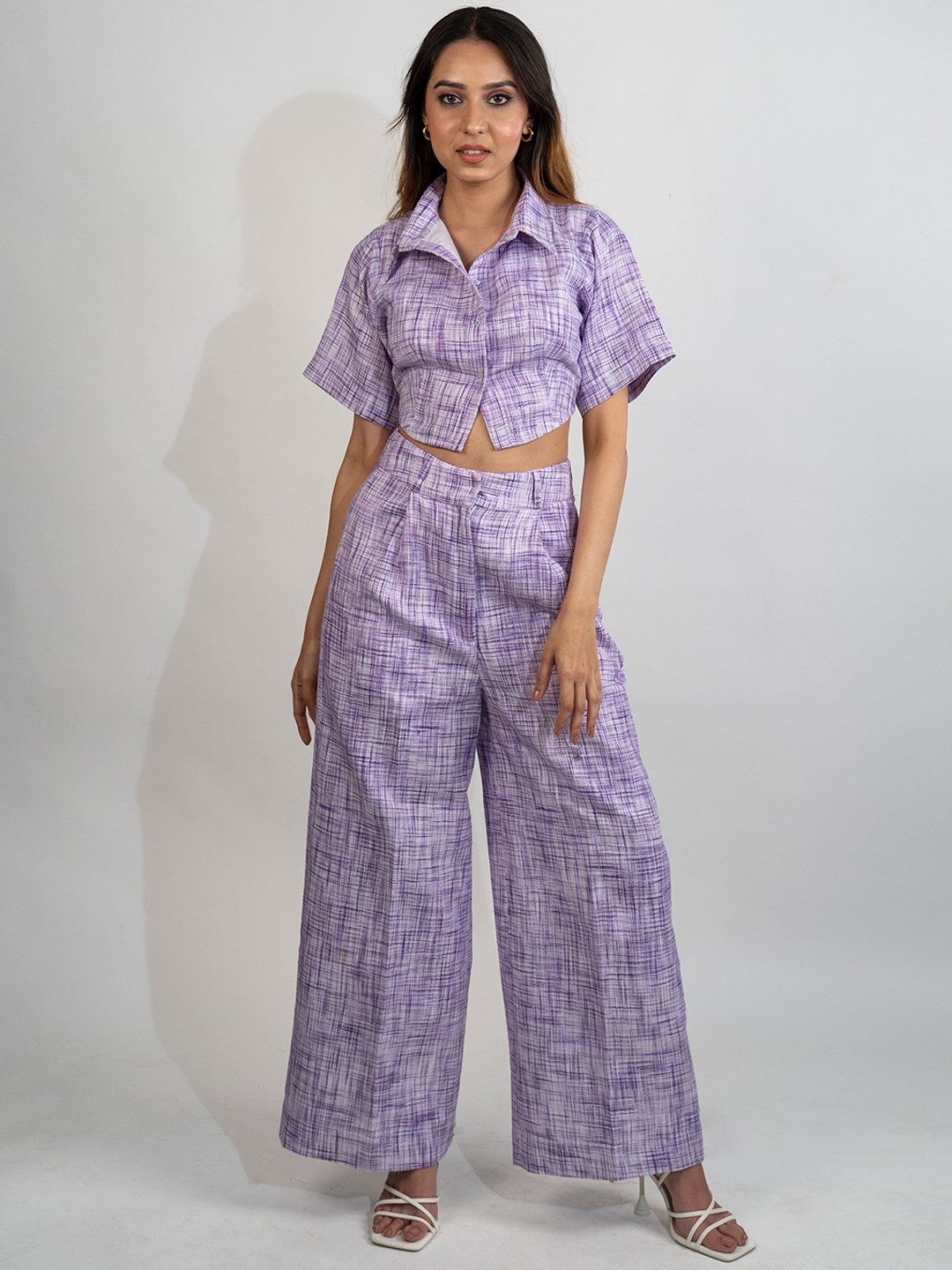 

POPPI Women Abstract Printed High-Rise Comfort Fit Easy Wash Linen Parallel Trousers, Purple