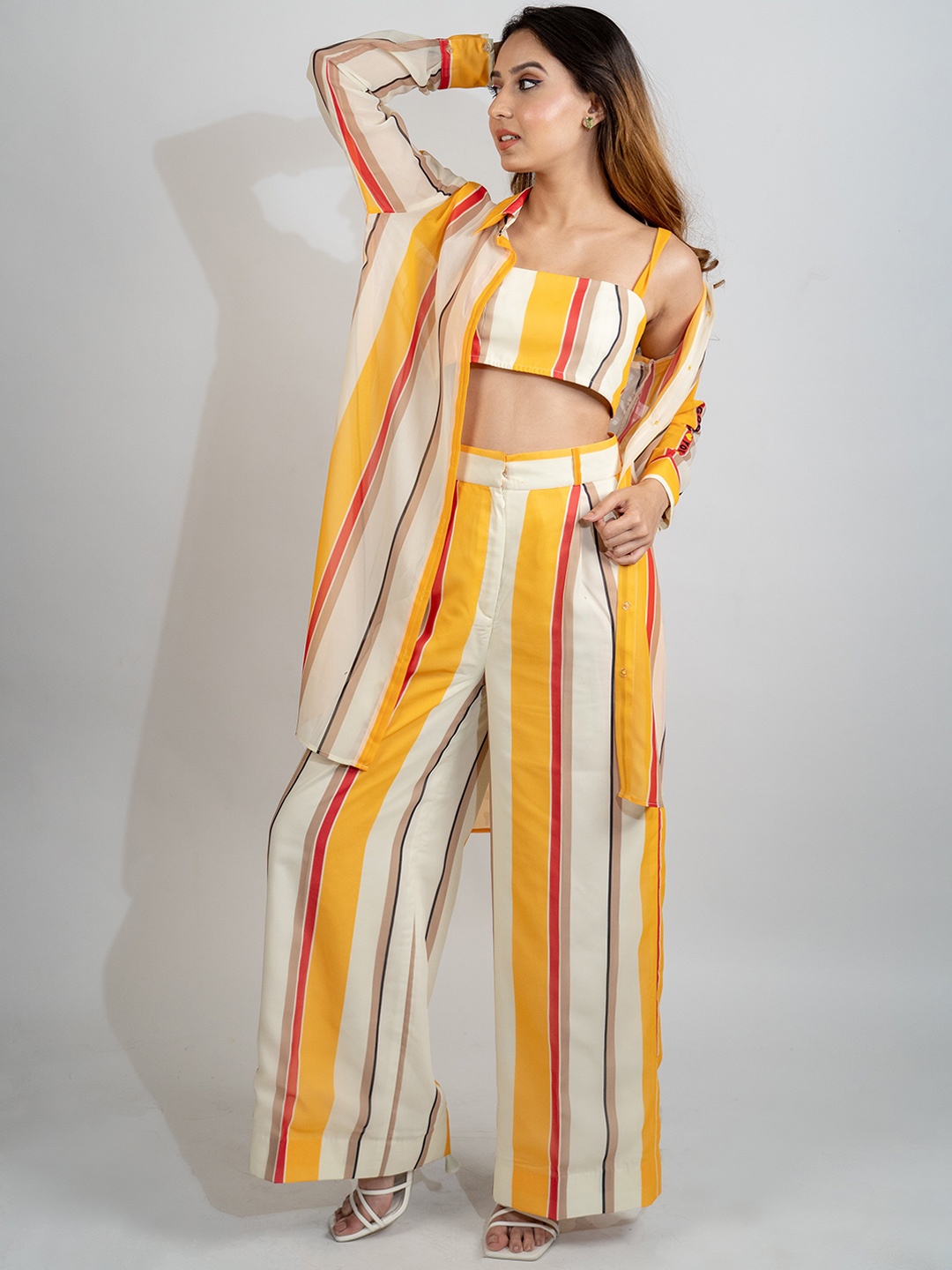 

POPPI Women Striped Comfort High-Rise Easy Wash Trousers, Yellow