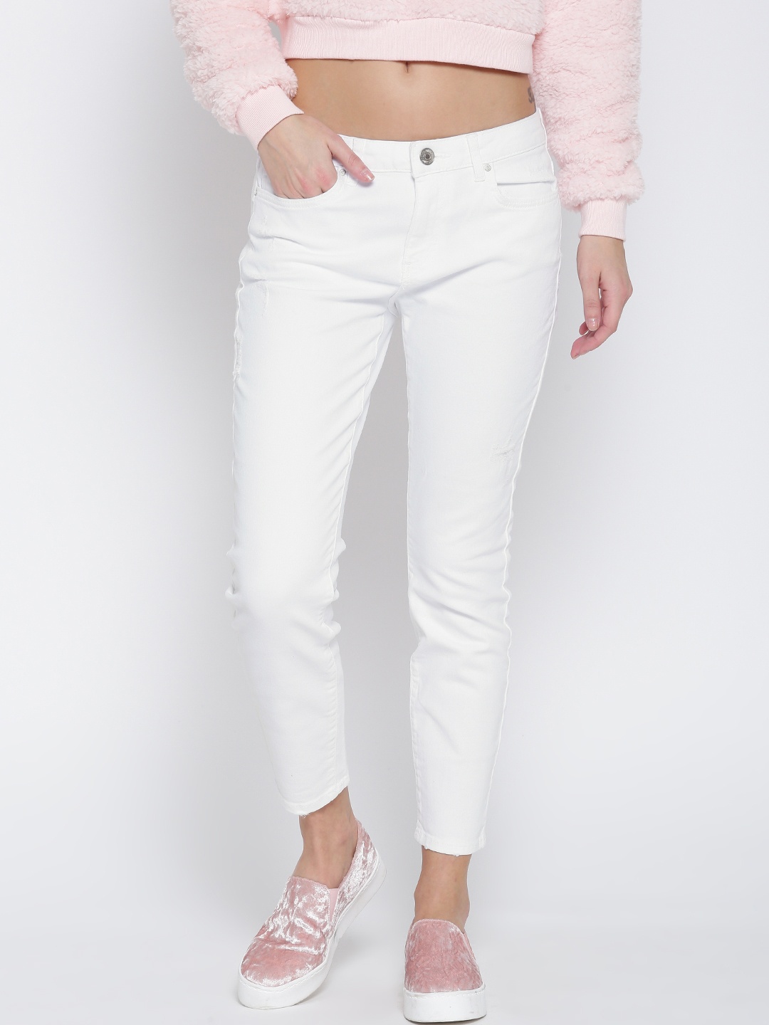 

FOREVER 21 Women White Mid-Rise Low Distress Stretchable Jeans