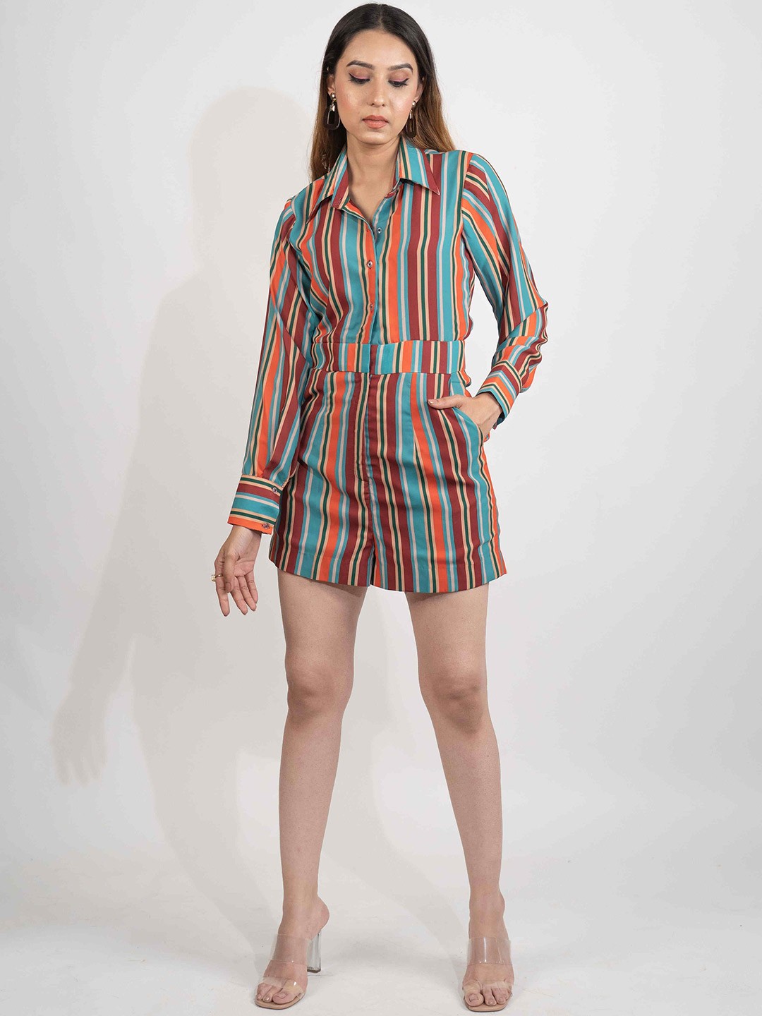 

POPPI Striped Shirt Collar Jumpsuit, Turquoise blue