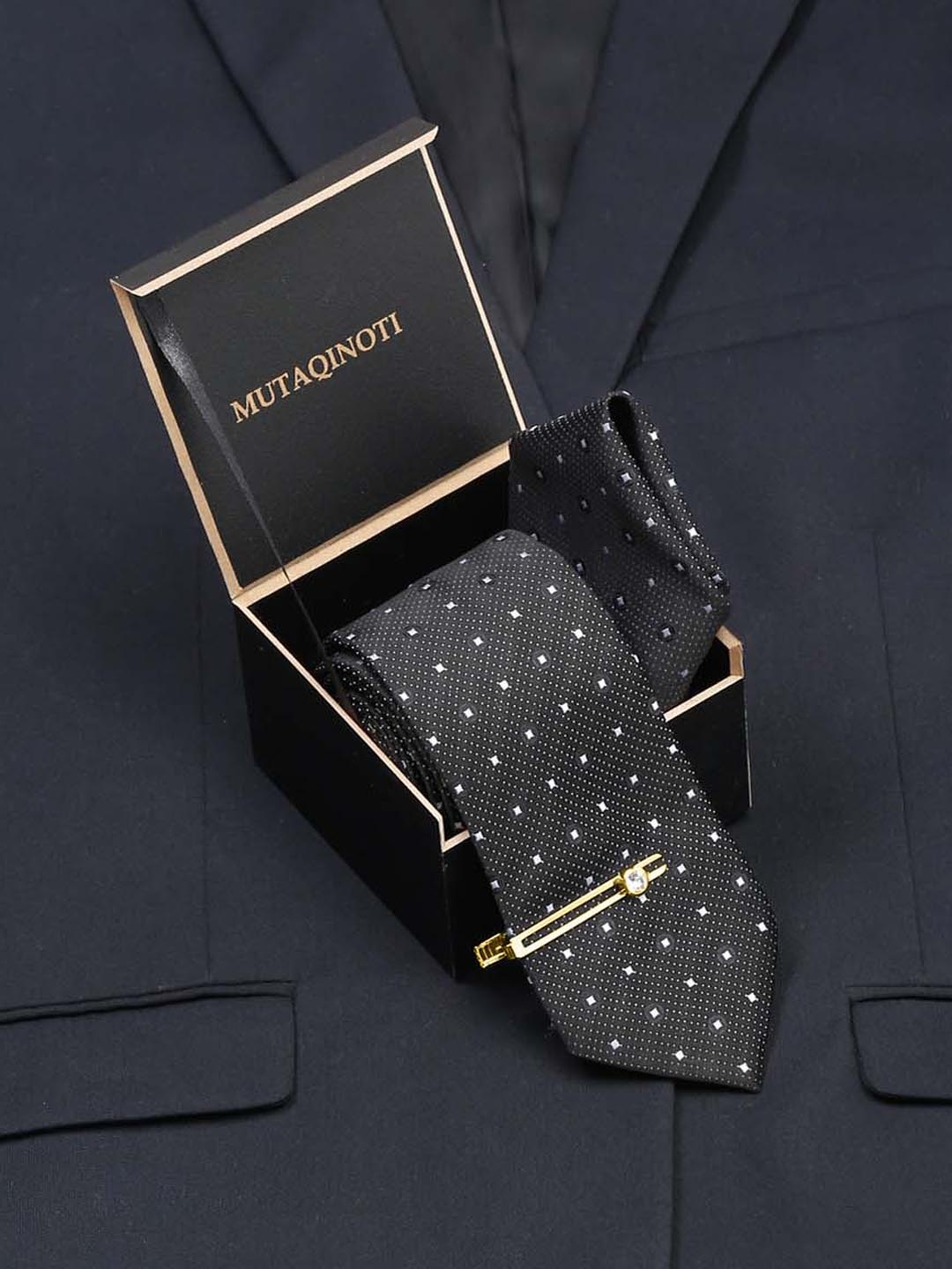 

MUTAQINOTI Men Geometric Printed Silk Formal Broad Tie with Tiepin & Pocket Square, Black