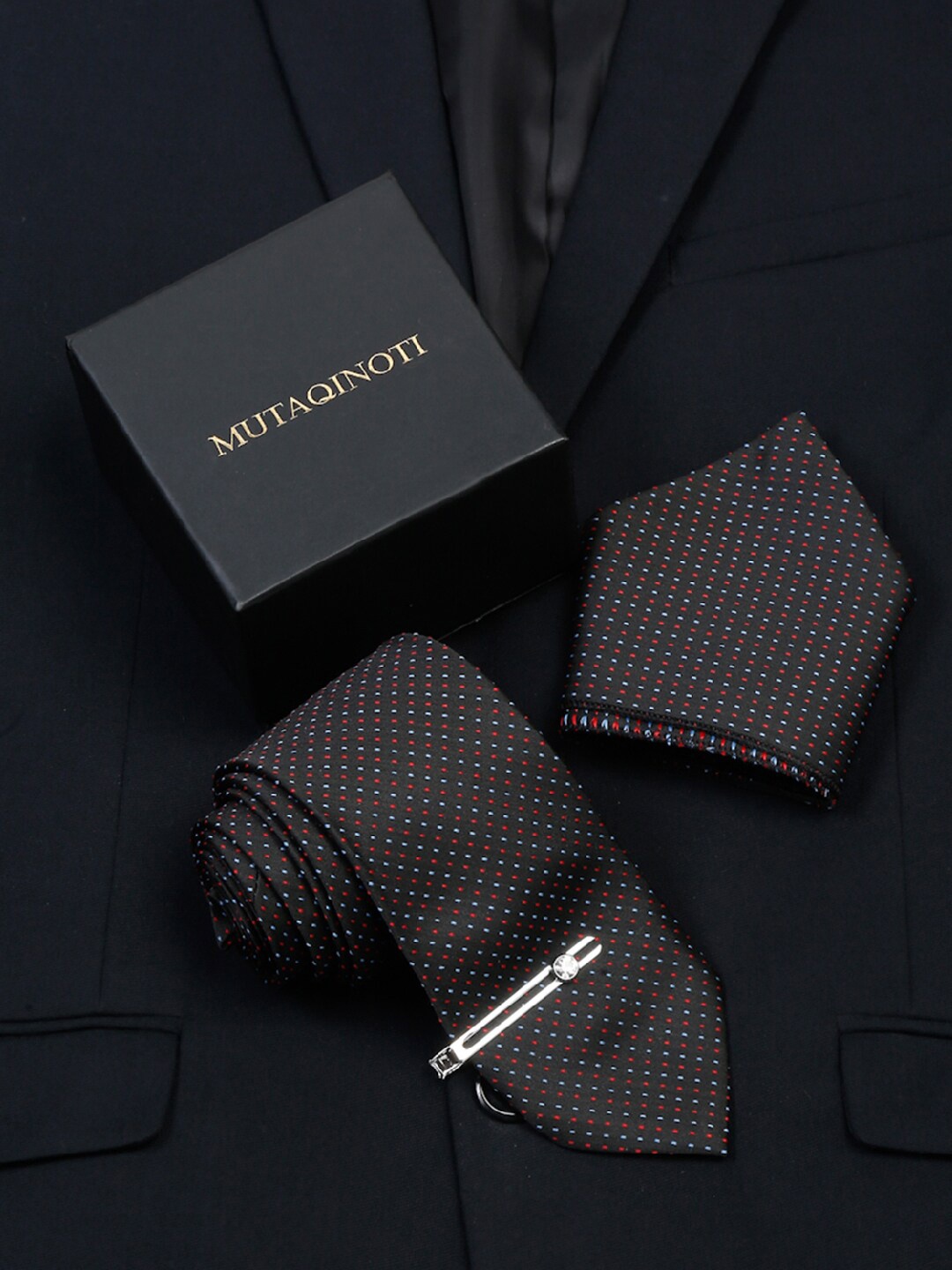 

MUTAQINOTI Men Silk Necktie Accessory Gift Set, Black