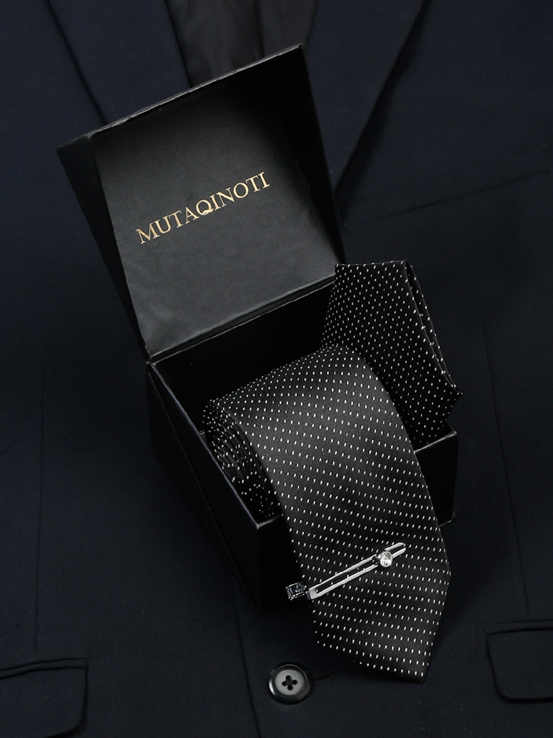 MUTAQINOTI Men Polka Silk Necktie Accessory Gift Set, Black