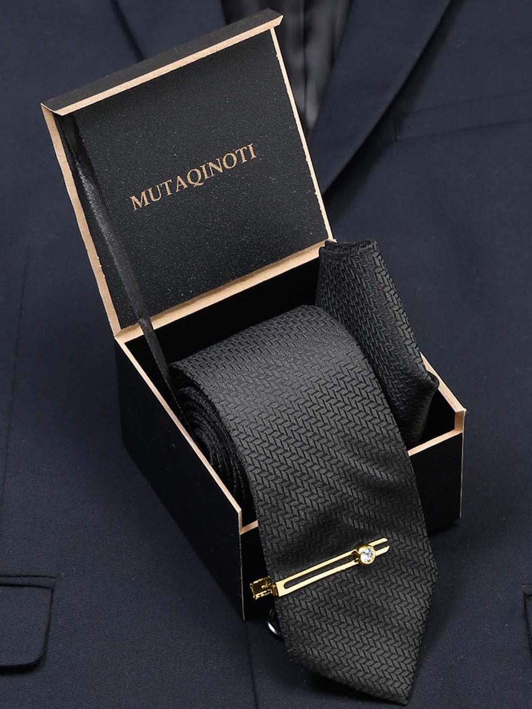 

MUTAQINOTI Men Silk Necktie Accessory Gift Set, Black