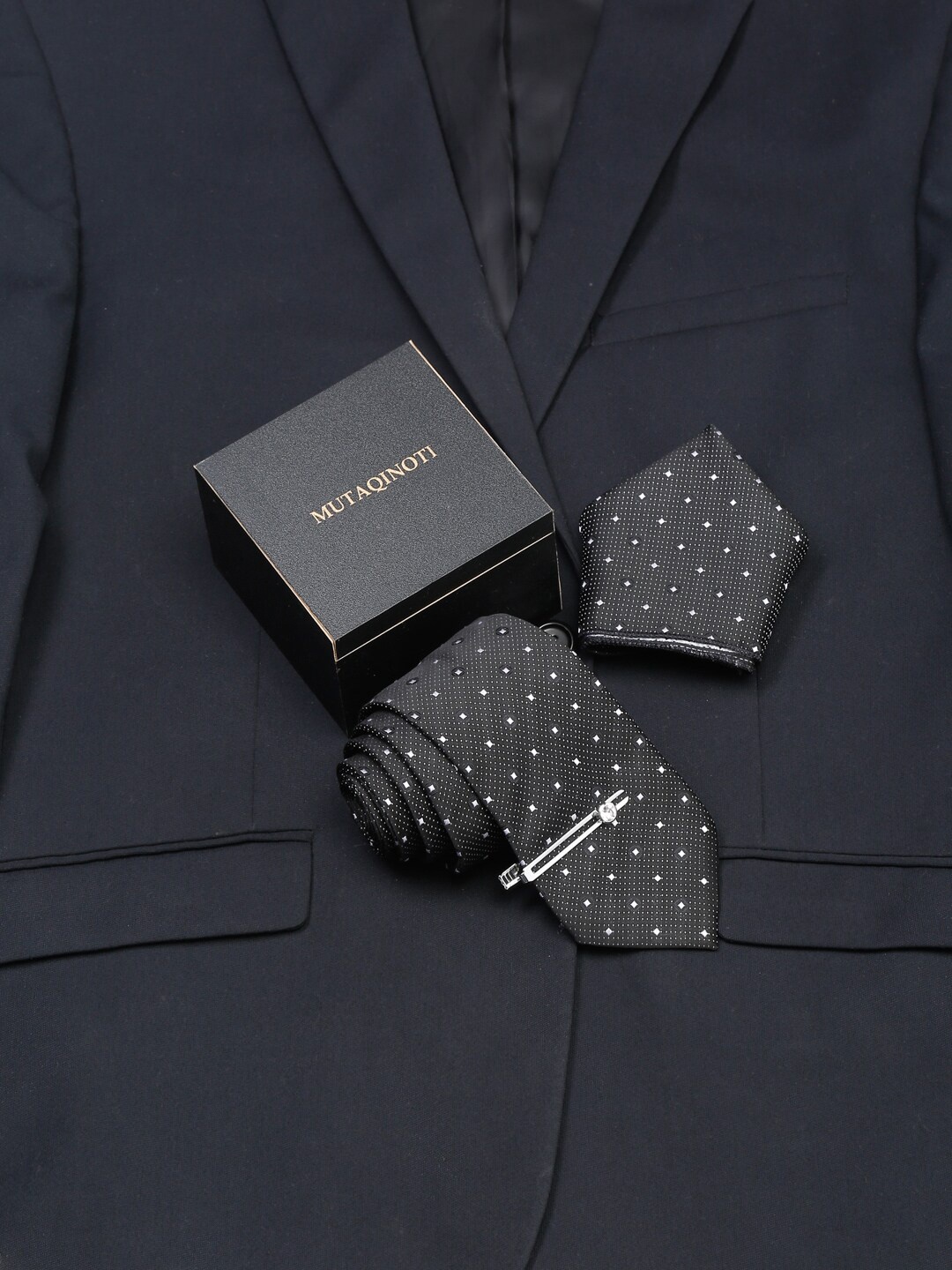 

MUTAQINOTI Men Dotted Printed Silk Formal Accessory Gift Set, Black