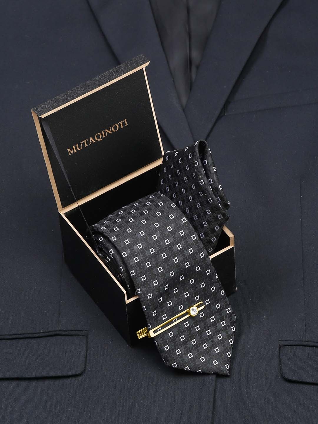 

MUTAQINOTI Men Silk Necktie Accessory Gift Set, Black