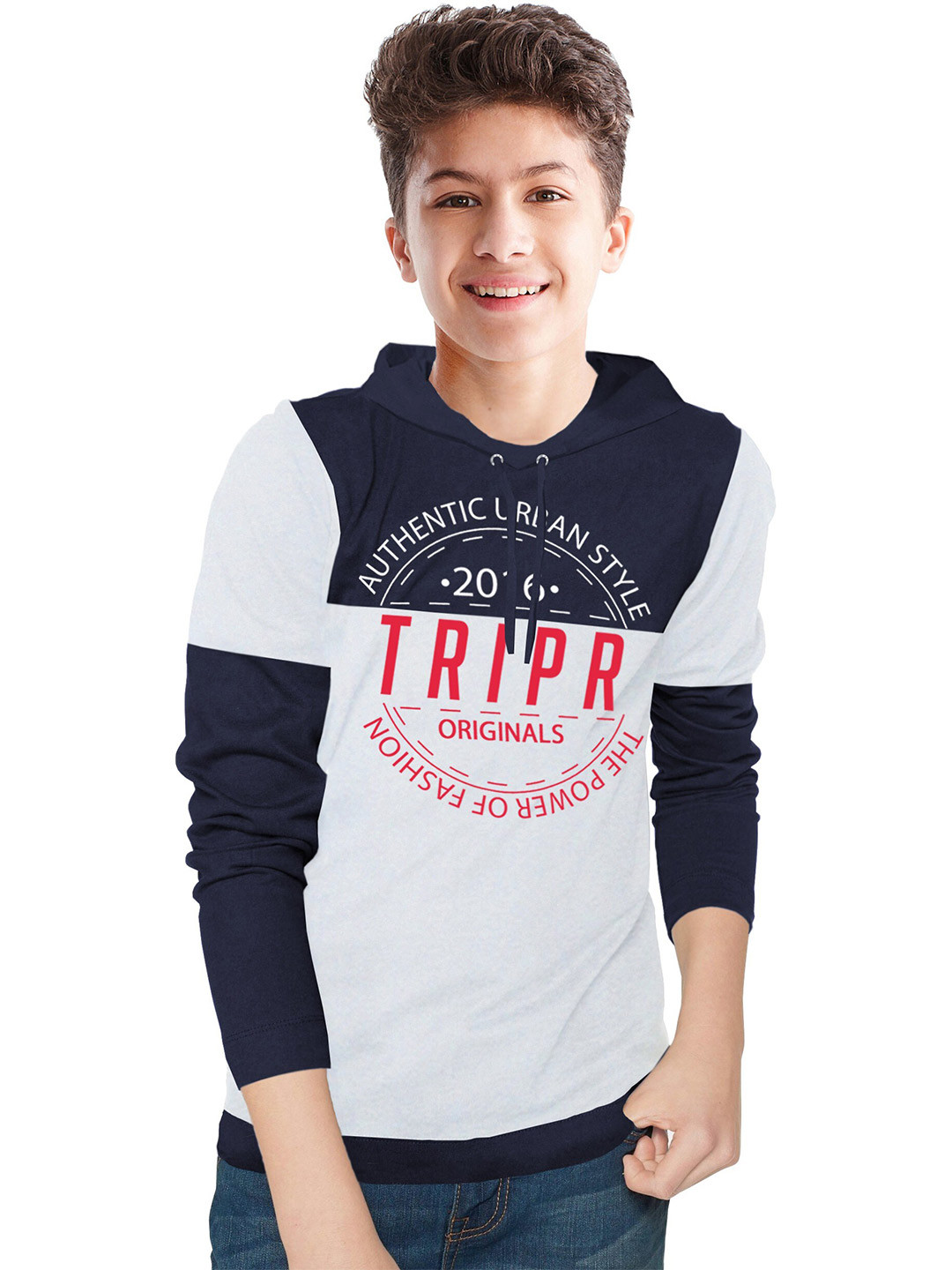 

TRIPR Boys Typography Printed Hooded Cotton T-shirt, Navy blue