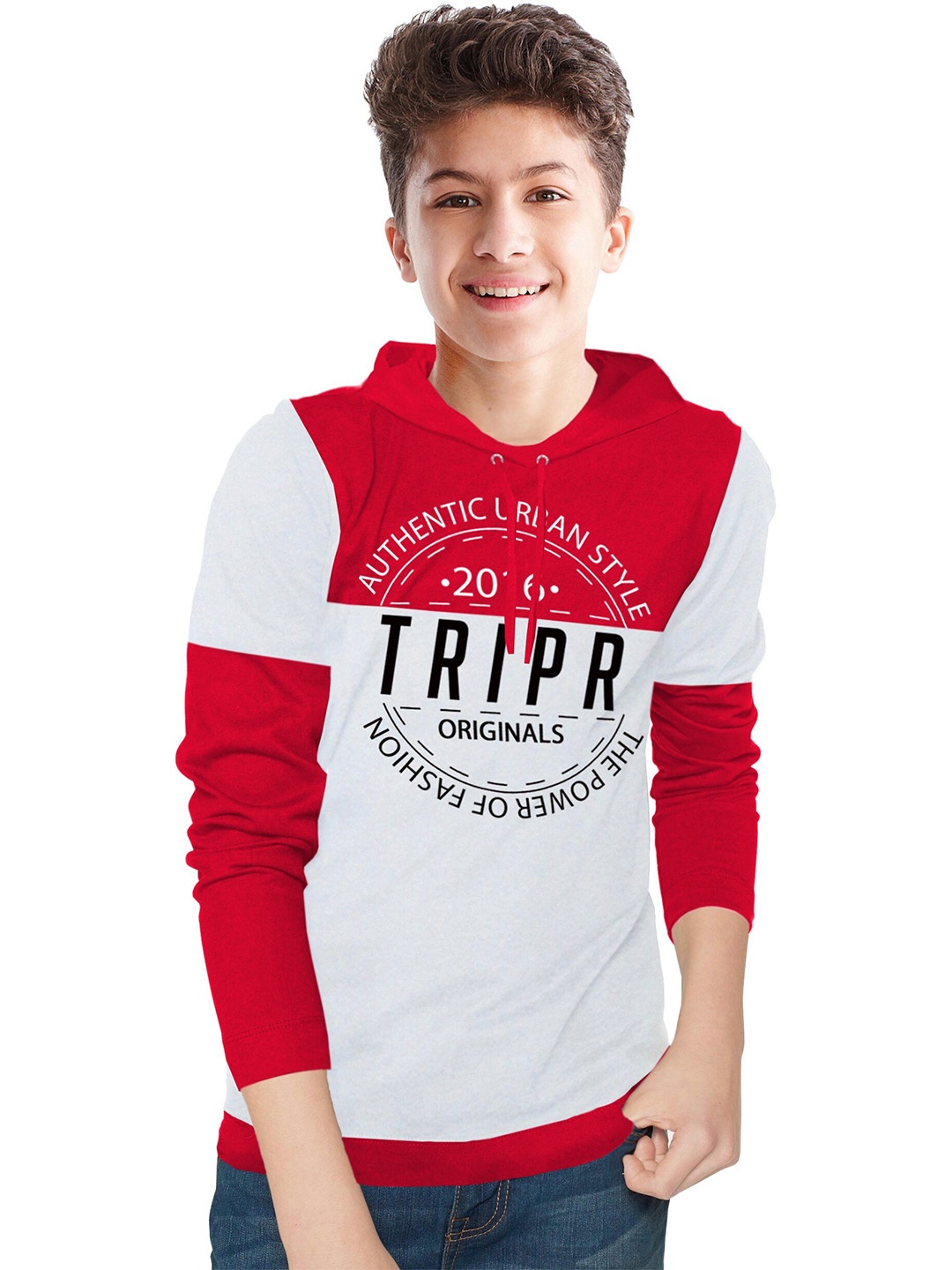 

TRIPR Boys Colourblocked Cotton Hooded T-shirt, Red