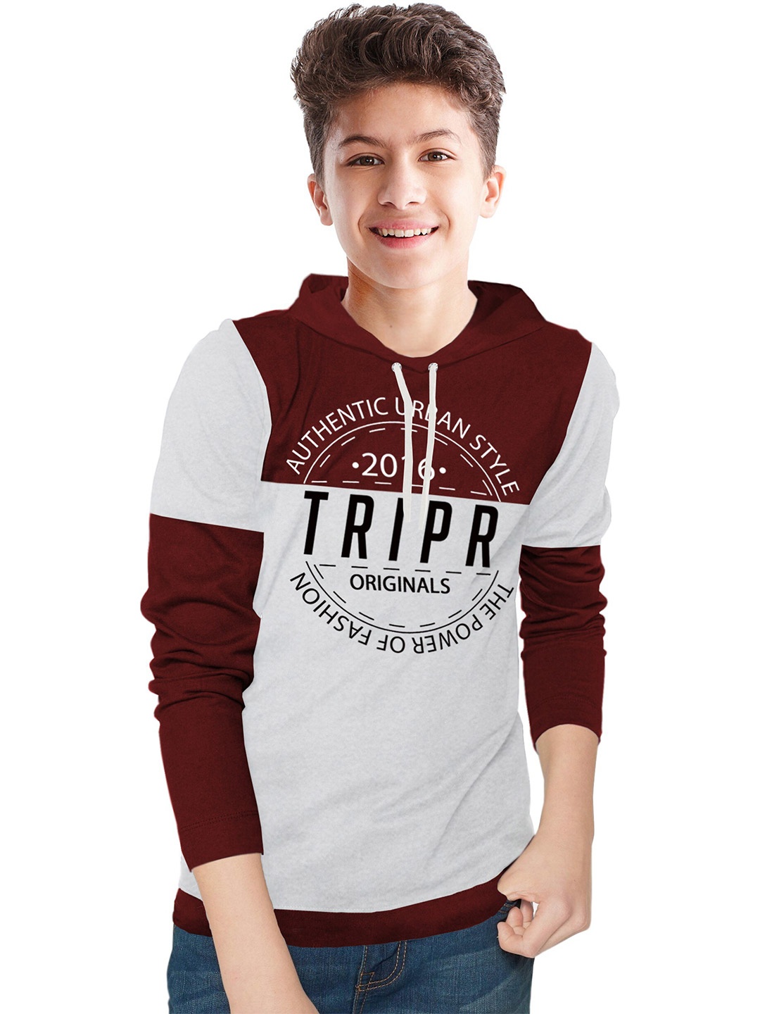 

TRIPR Boys Typography Printed Hooded Cotton T-shirt, Maroon