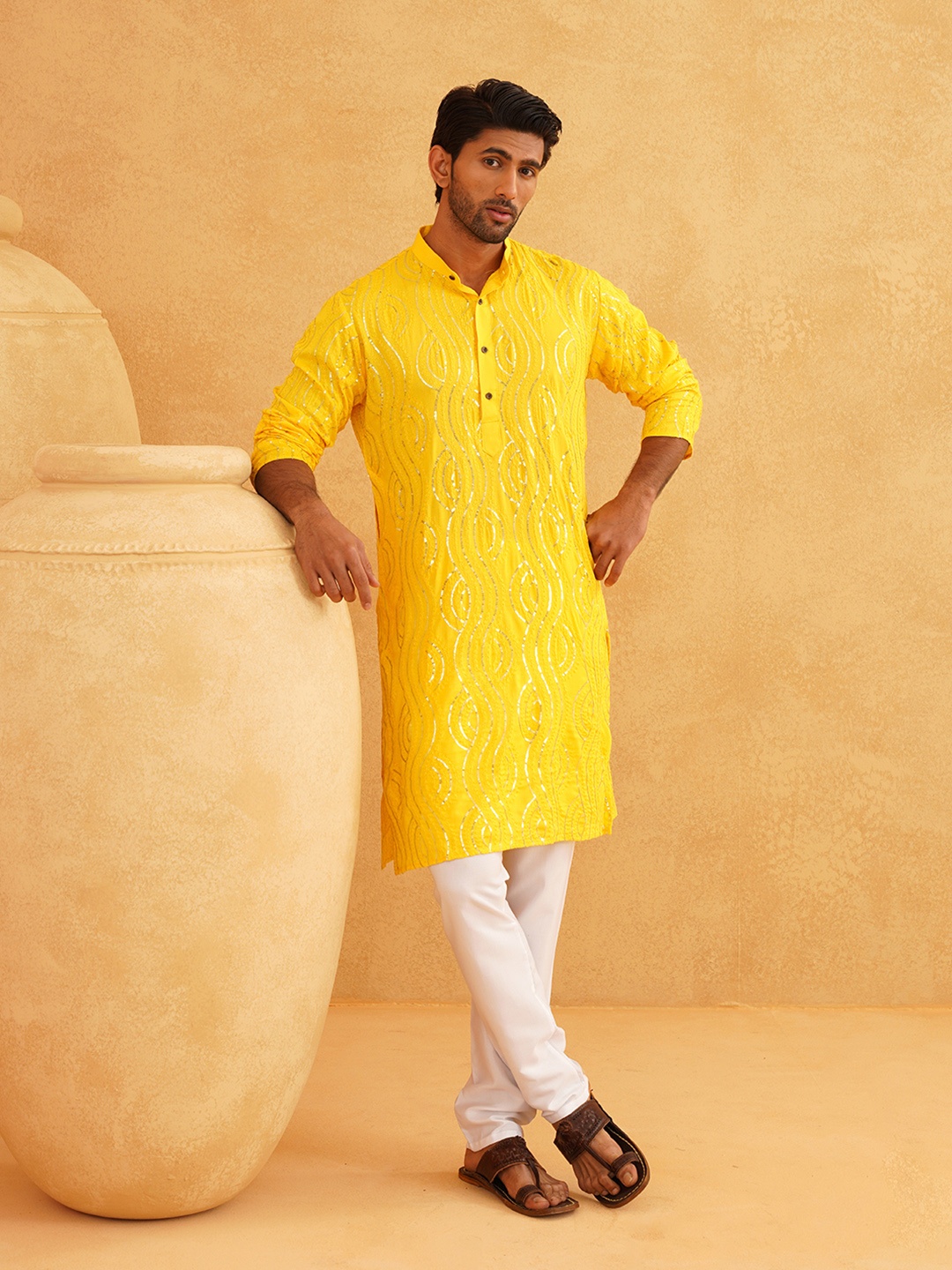 

SOJANYA Men Embroidered Regular Sequinned Pure Cotton Kurta with Churidar, Mustard