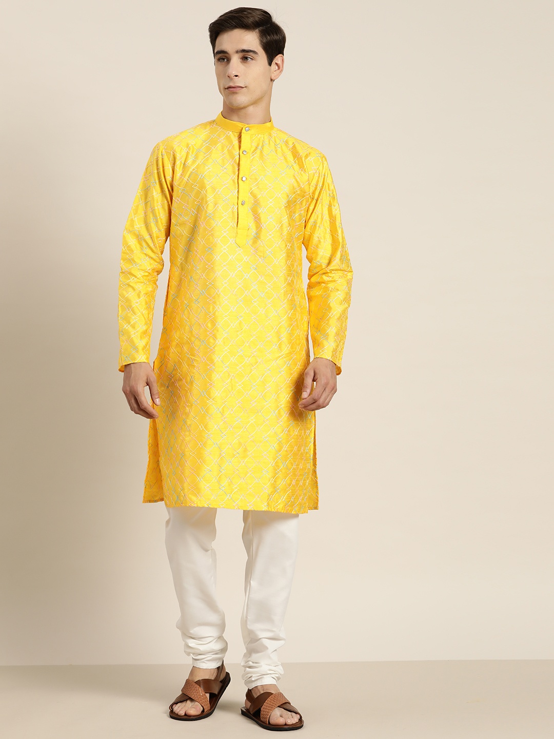 

SOJANYA Men Embroidered Regular Thread Work Kurta with Churidar, Mustard