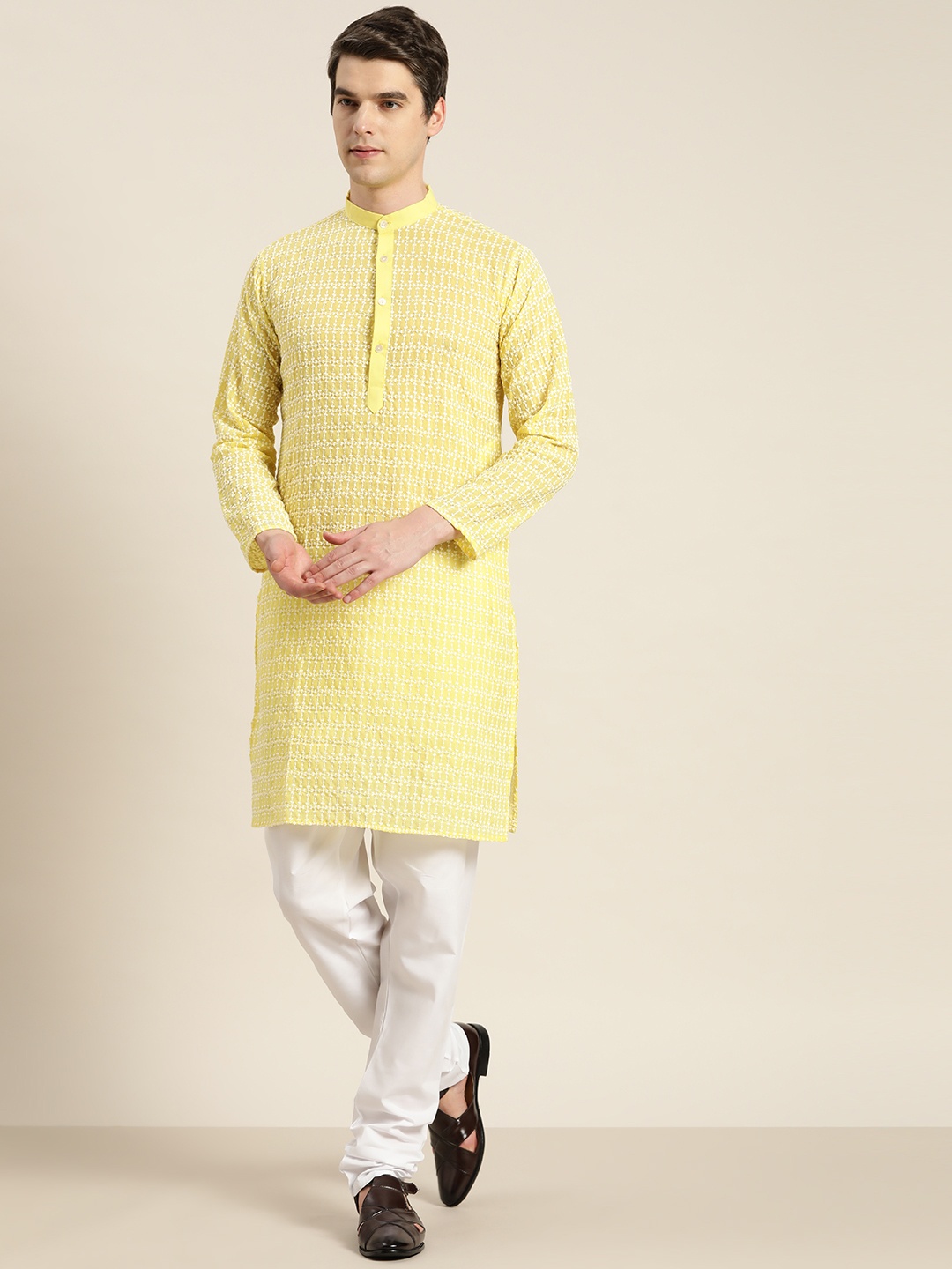 

SOJANYA Men Embroidered Regular Thread Work Pure Cotton Kurta with Churidar, Yellow