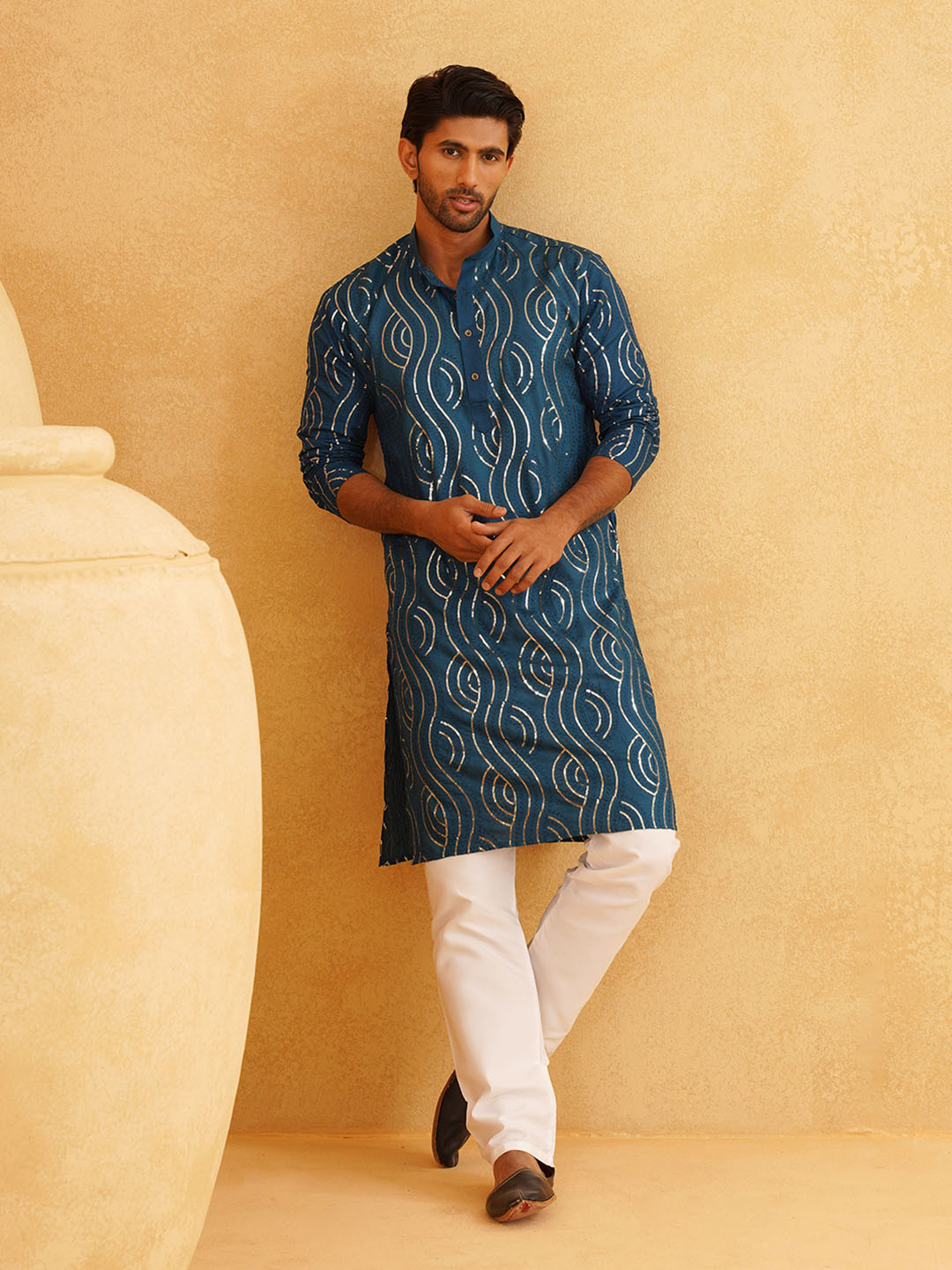 

SOJANYA Men Embroidered Regular Sequinned Pure Cotton Kurta with Churidar, Teal